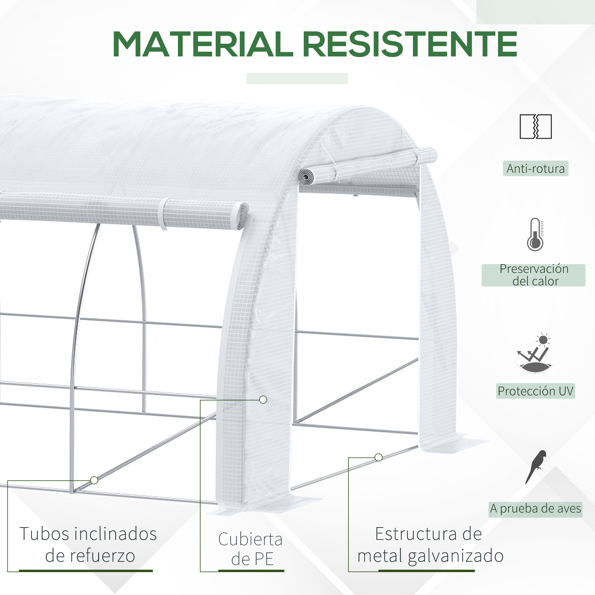 Invernadero blanco con marco metálico, cubierta de PE, tubos de refuerzo inclinados.