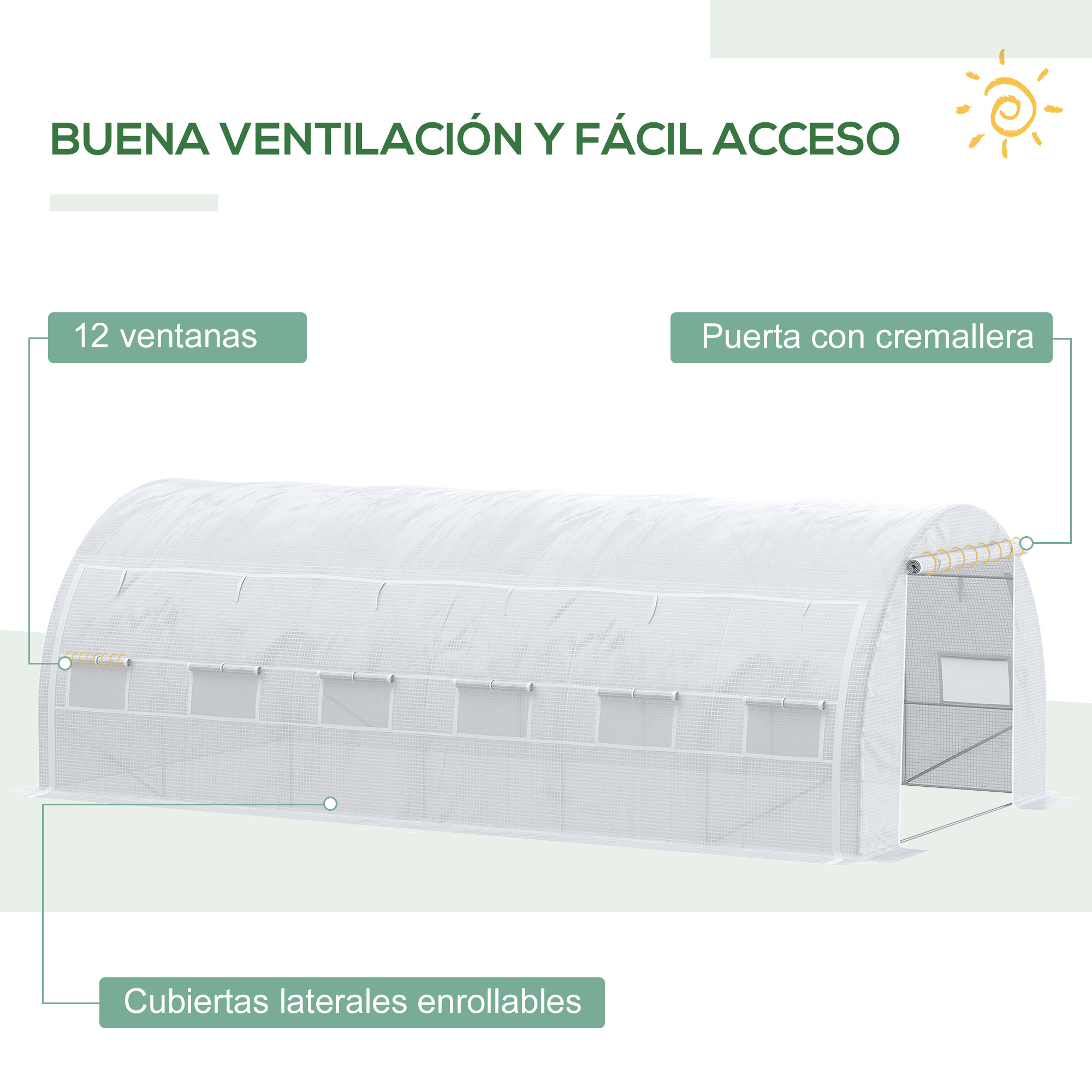 Invernadero blanco con 12 ventanas, laterales enrollables y puerta con cremallera.