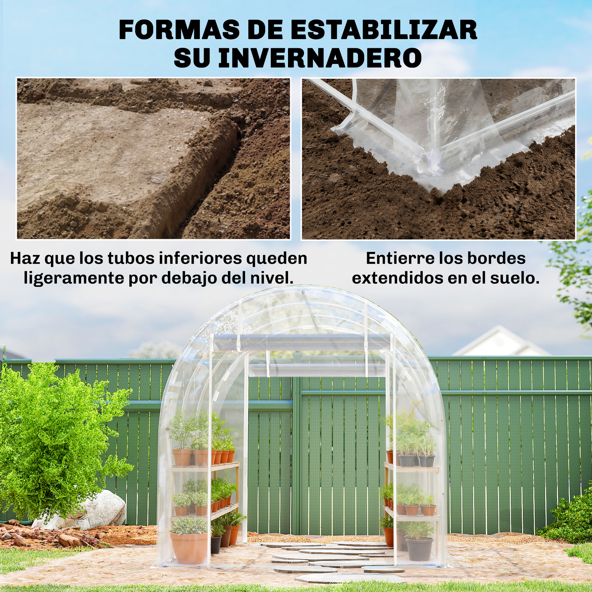 Un invernadero con estantes escalonados de plantas, sobre un camino de grava.