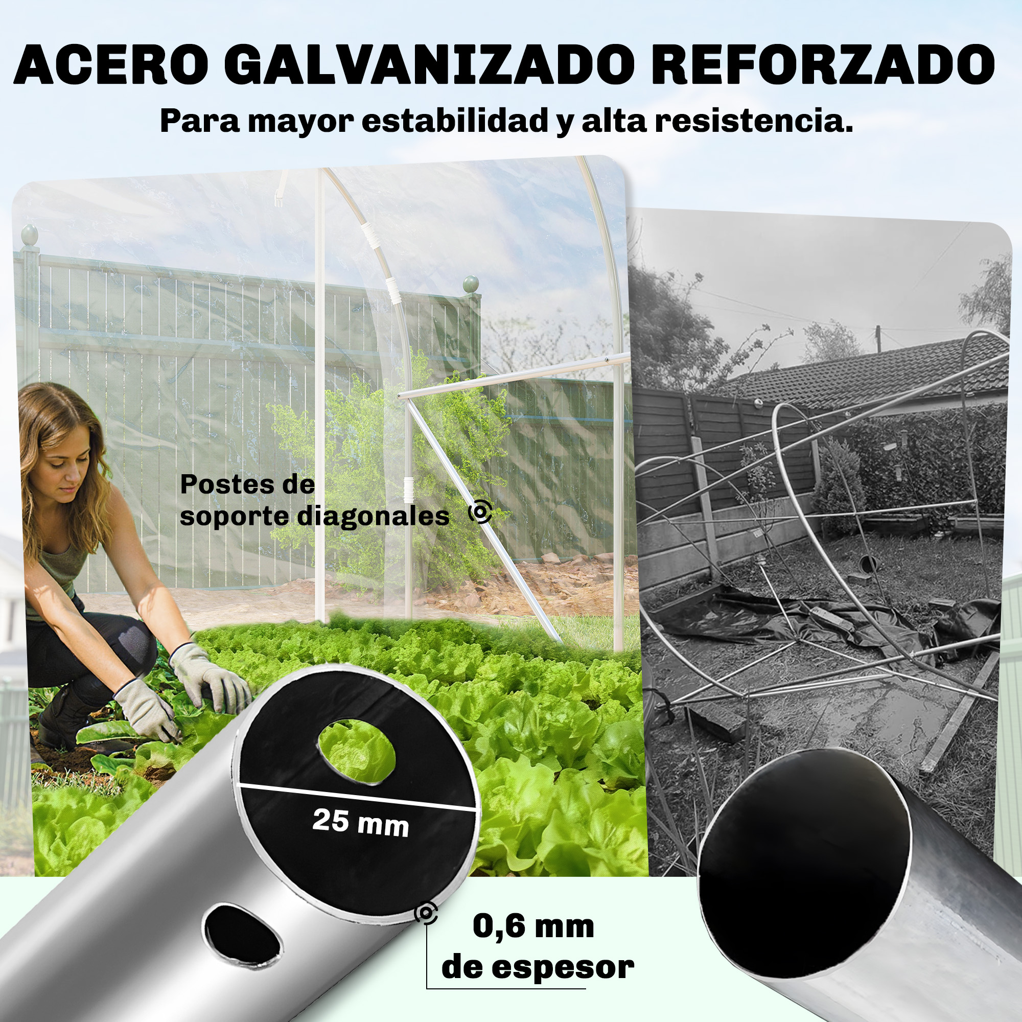 Primer plano de un tubo metálico, junto a un invernadero y un marco colapsado.