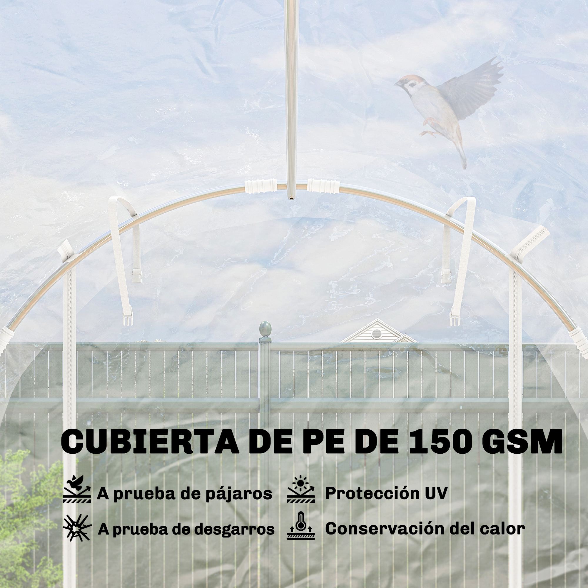 Un gorrión vuela frente a un invernadero con la etiqueta "CUBIERTA DE PE 150 GSM".