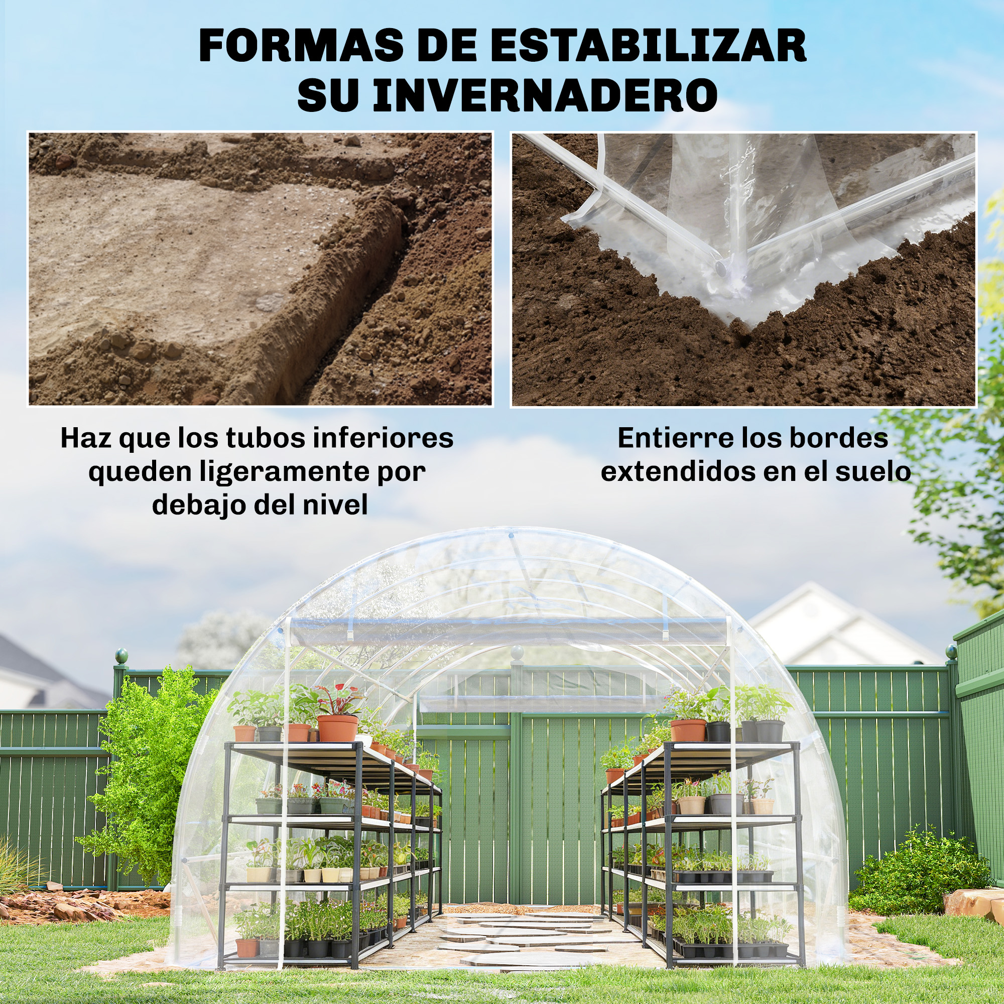 Un invernadero con estantes llenos de plantas, en un jardín.