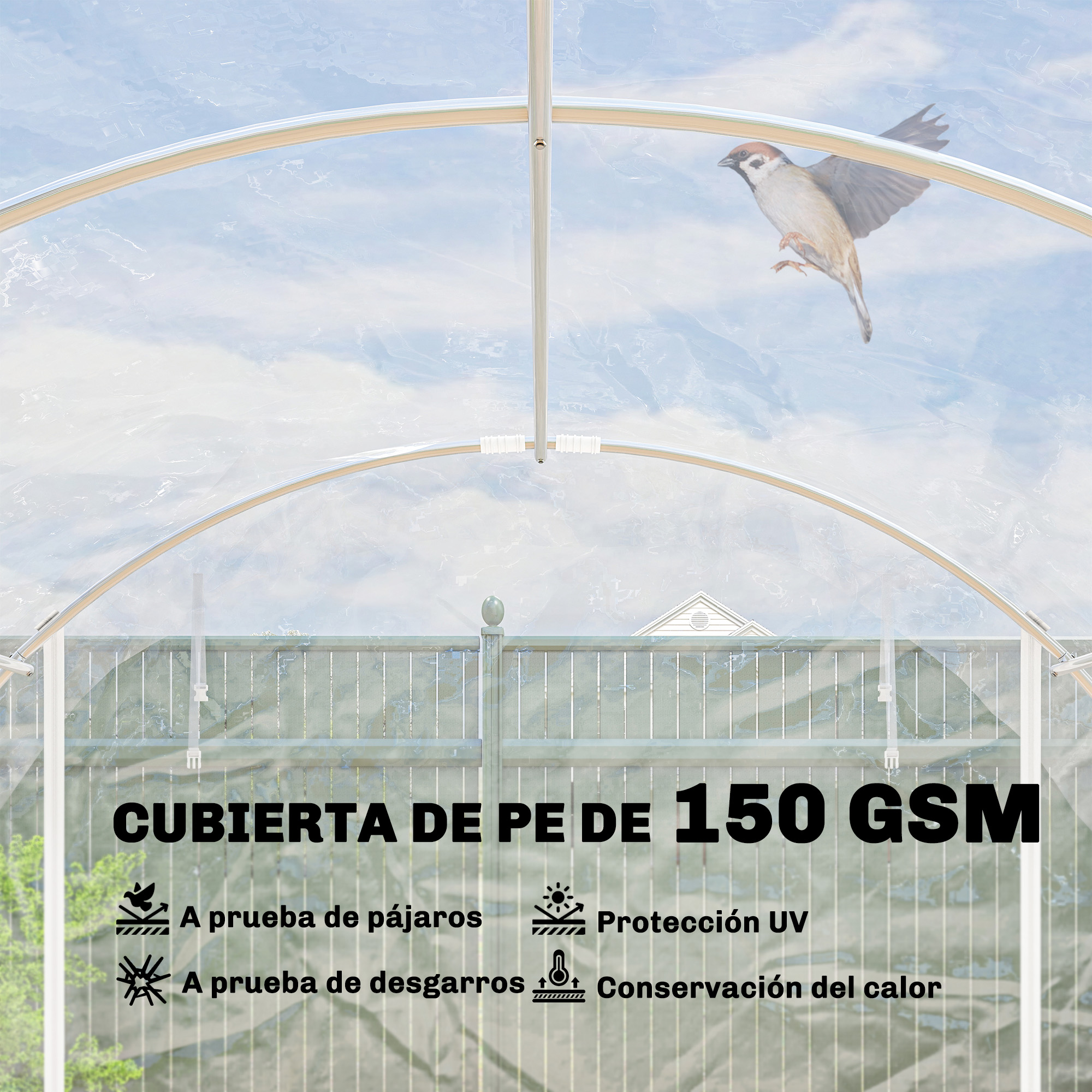Un gorrión vuela frente a un invernadero con la etiqueta "CUBIERTA DE PE 150 GSM".