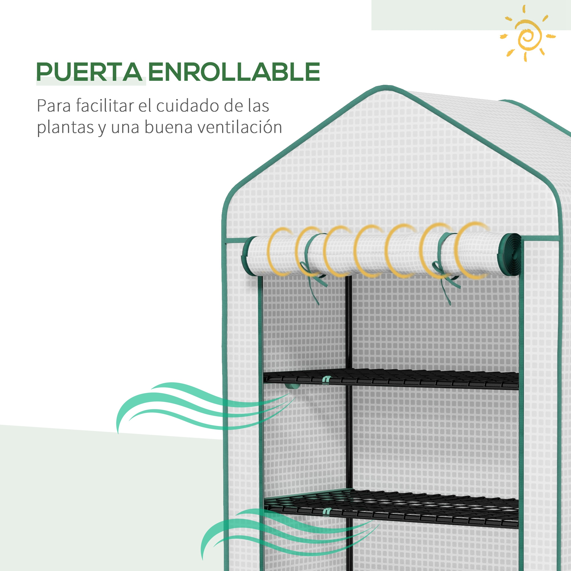 Invernadero con estantes y puerta enrollable. Ondas amarillas indican ventilación.