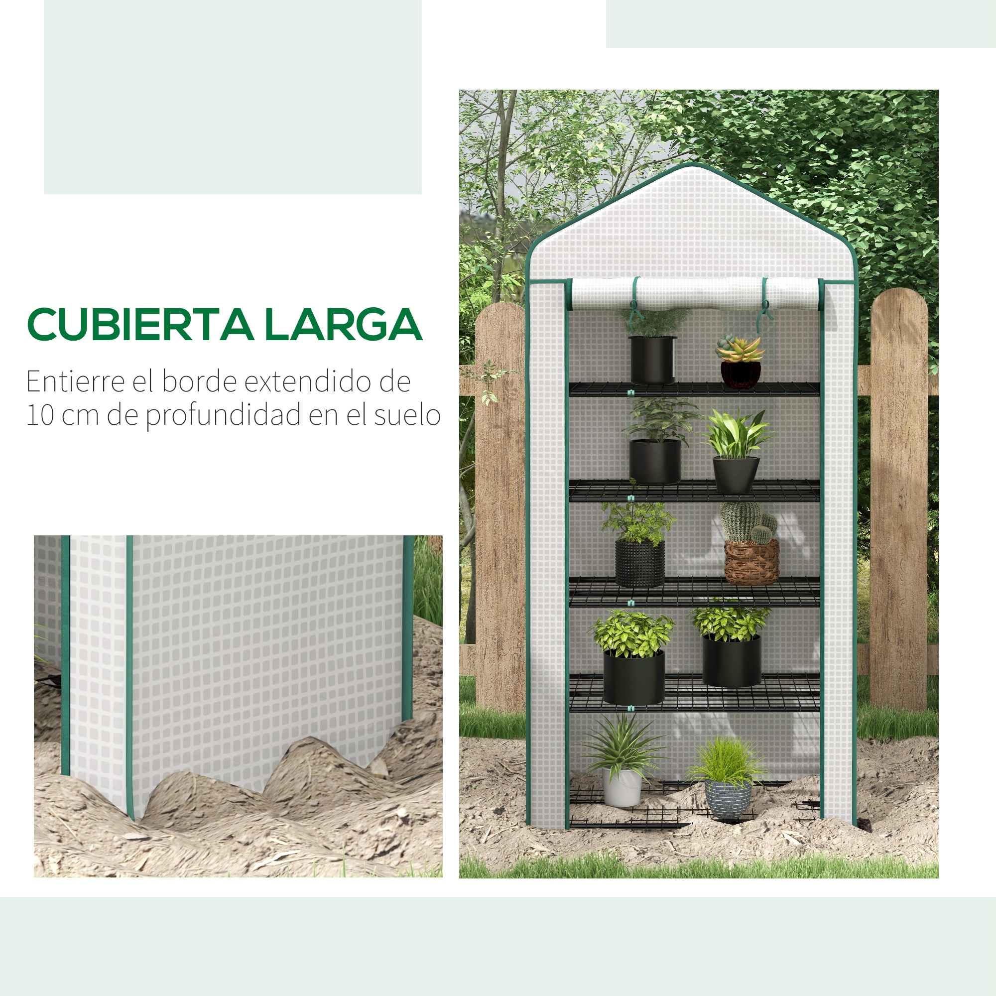 Un invernadero con varios estantes que sostienen plantas. Tiene un borde a rayas.