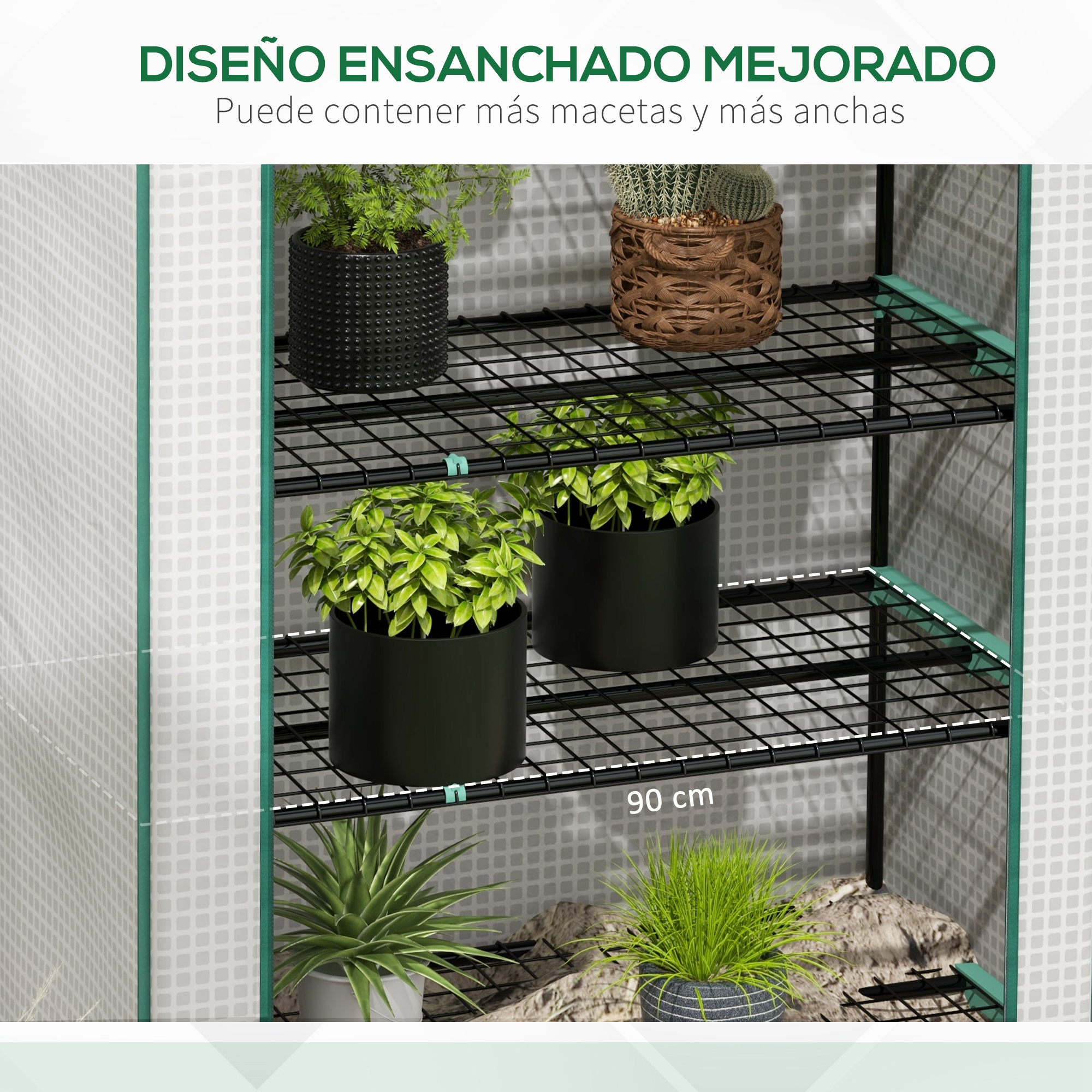 Un invernadero verde con tres estantes negros que sostienen varias plantas en macetas.