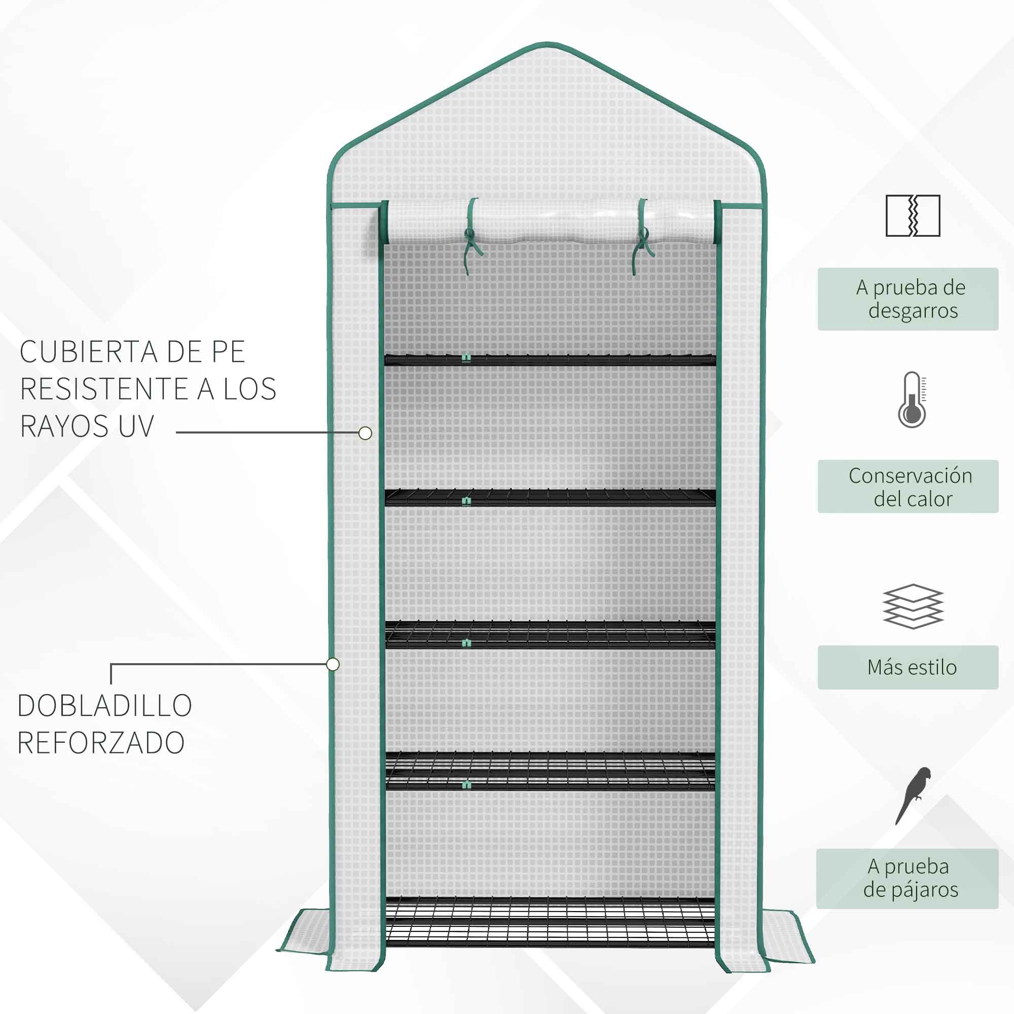 Un invernadero con cuatro estantes, cubierta de PE blanca y ribetes verdes.