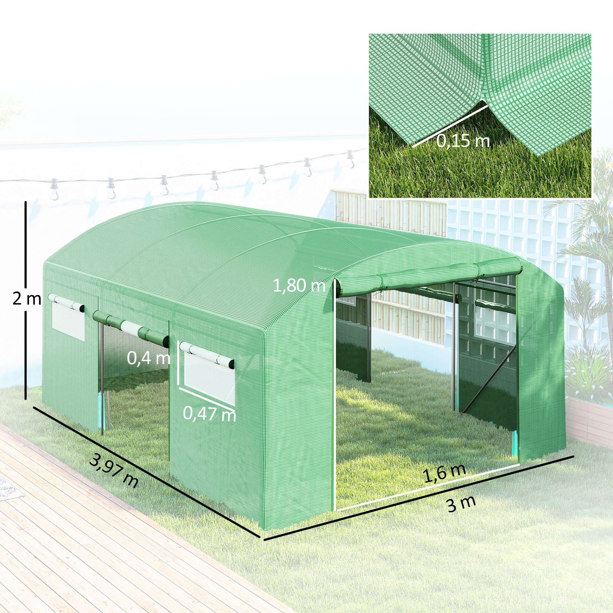 Invernadero verde con dimensiones y ventanas al aire libre.