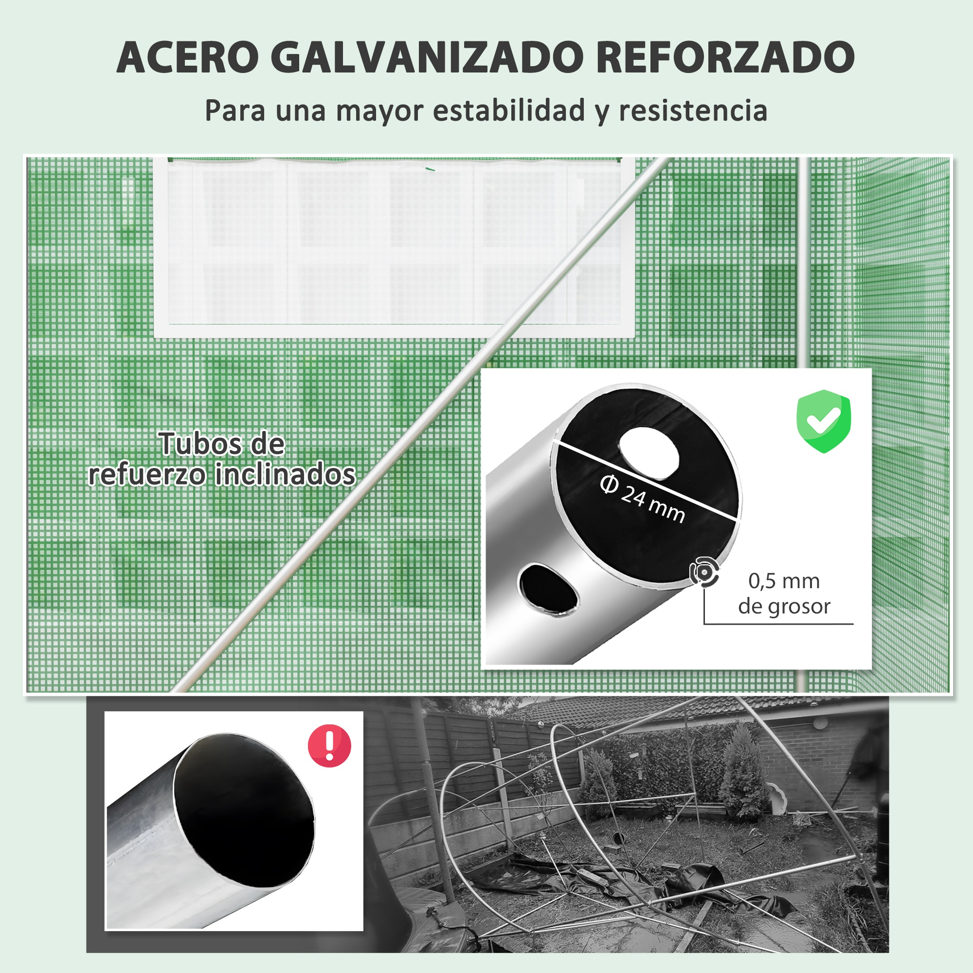 Acero galvanizado reforzado: tubos, 24mm diámetro, 0,5mm grosor. Un tubo está doblado.