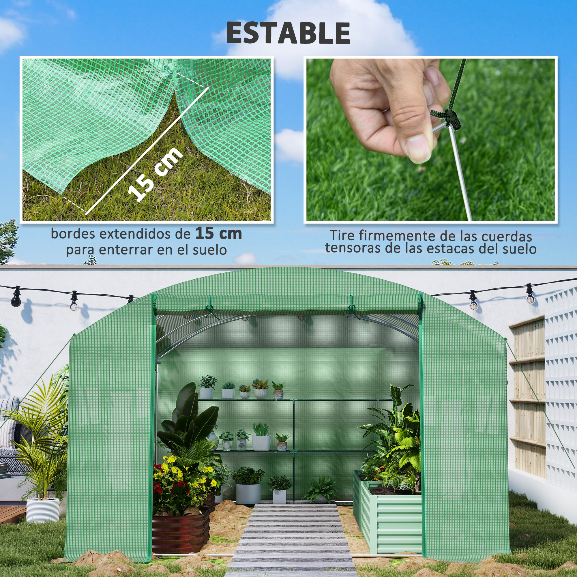 Invernadero verde con plantas, anclajes de 15 cm y sujeción de cuerda.