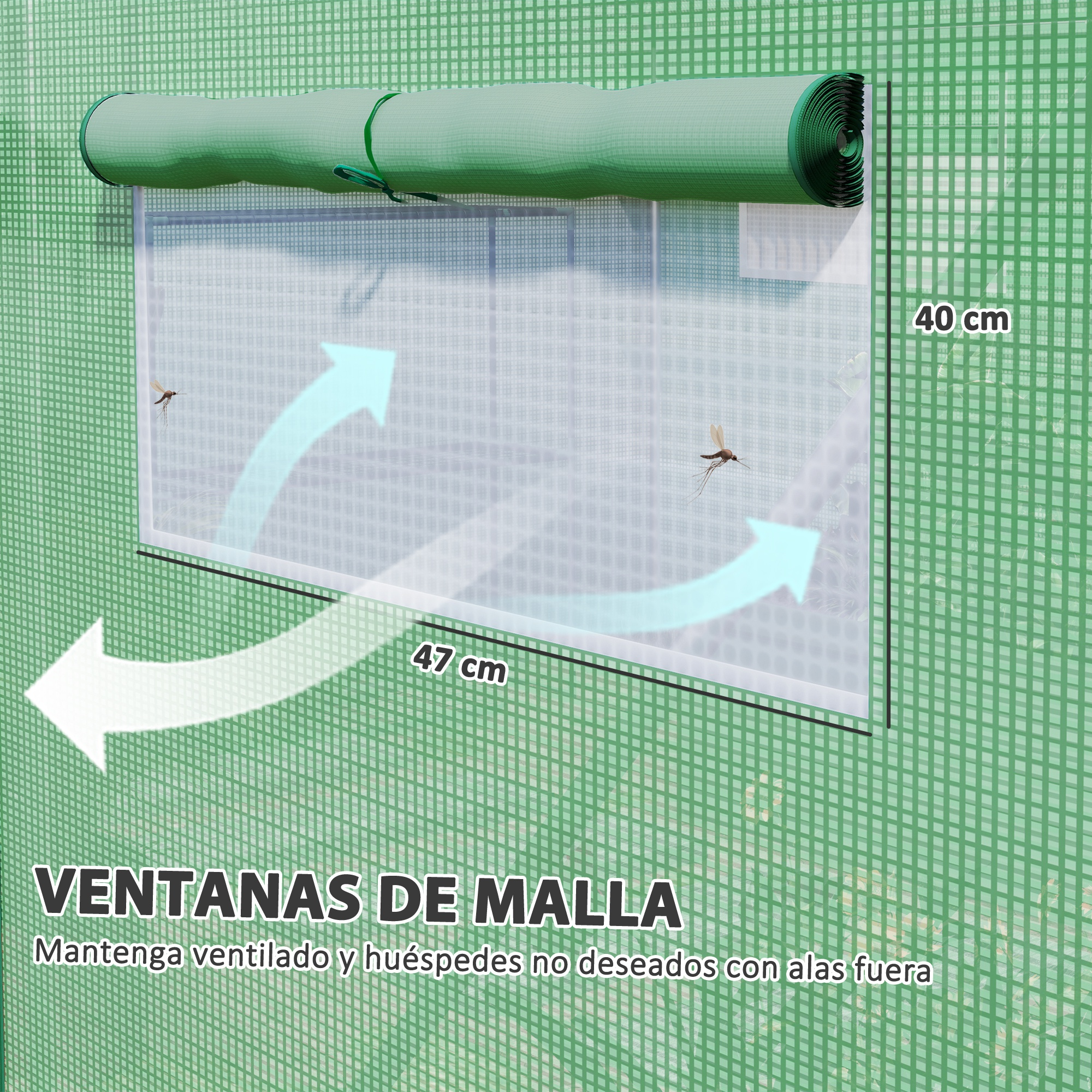Ventana de malla verde con cubierta enrollada y flechas. Mosquitos fuera.