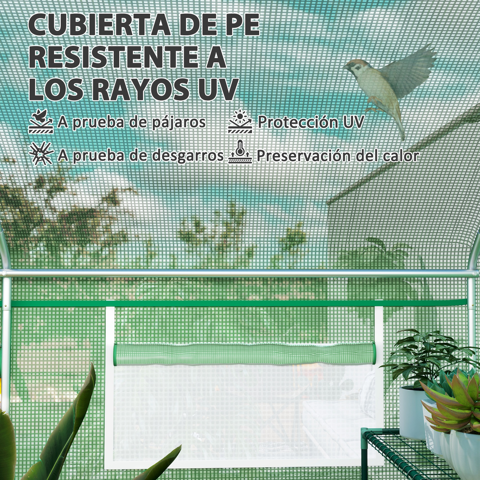 Un gorrión vuela por un invernadero de malla verde con superposiciones de texto.