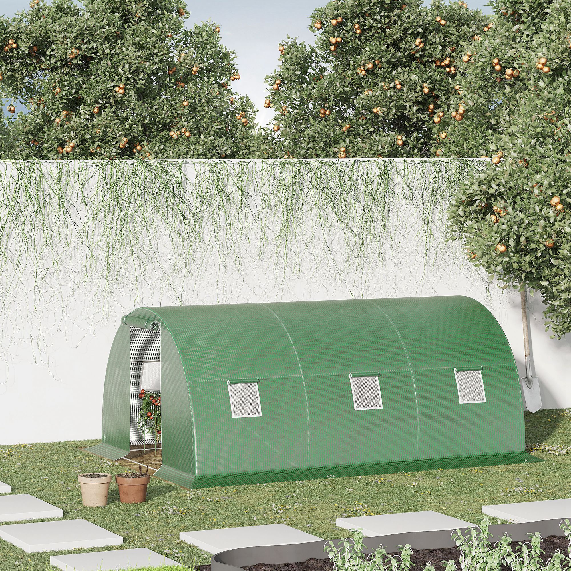 Invernadero verde con plantas de tomate dentro, al lado de árboles con naranjas.