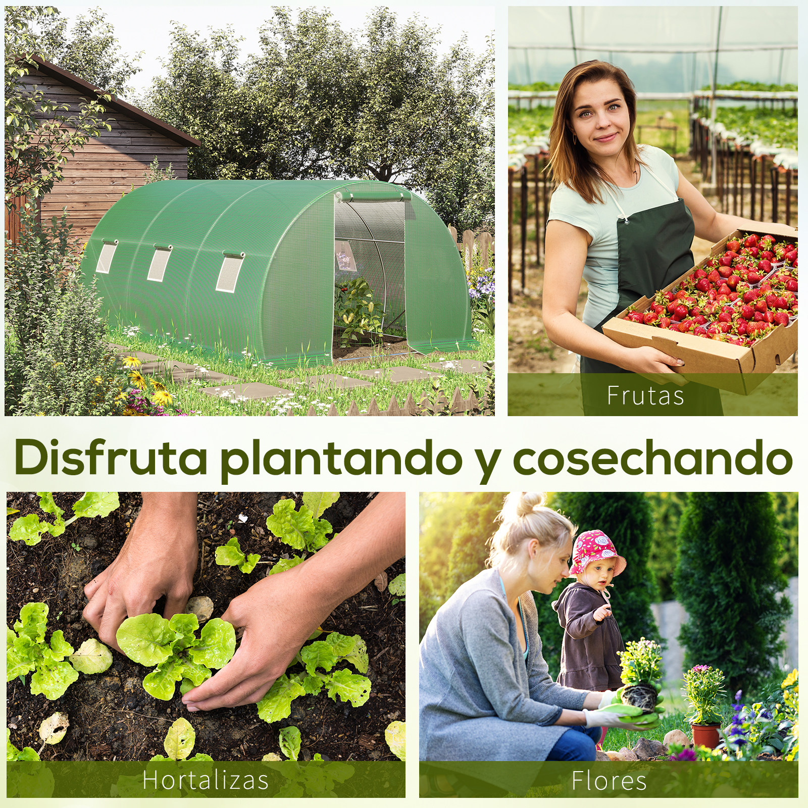 Cuatro escenas: invernadero, mujer con fresas, manos plantando lechuga, madre con niño.
