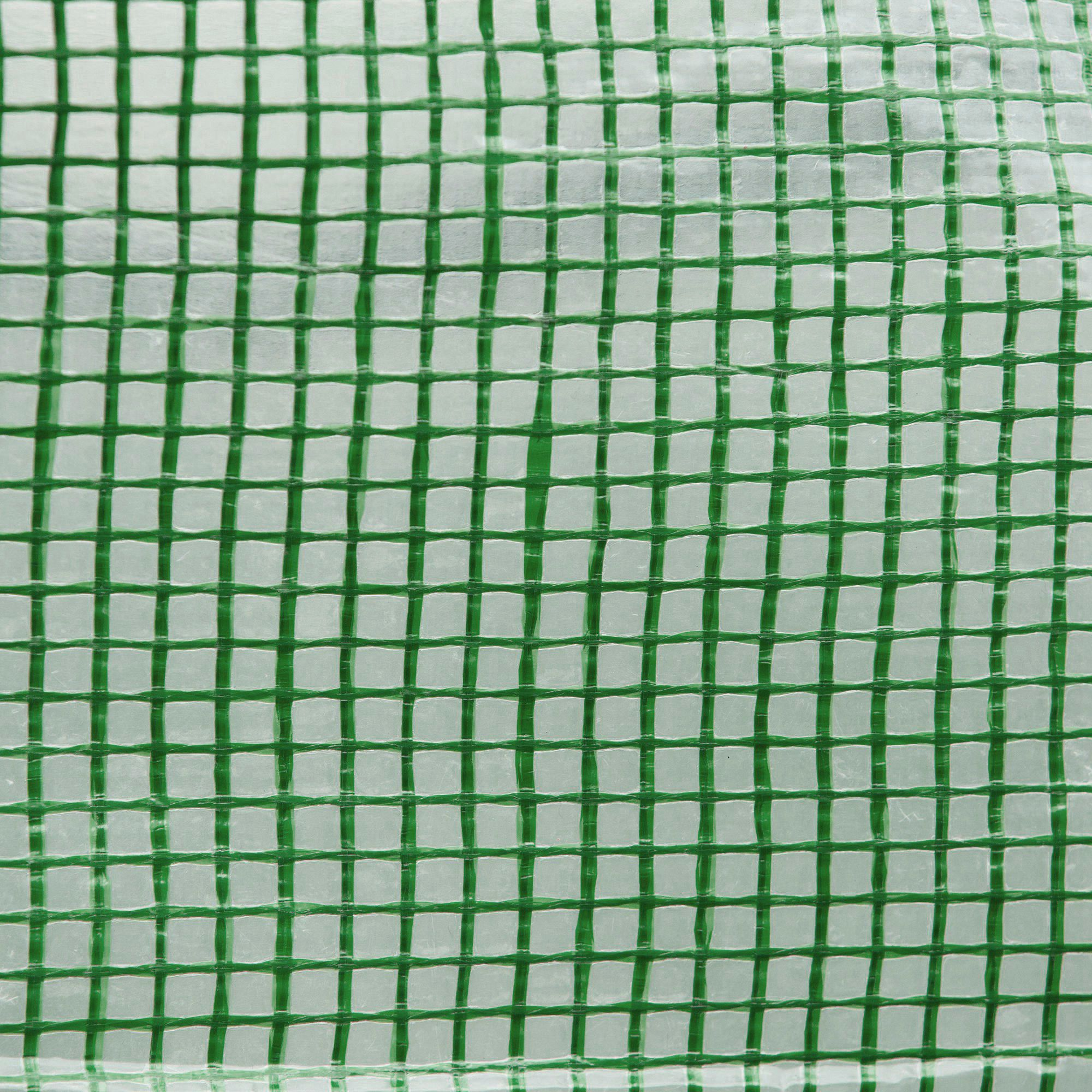 Patrón de rejilla verde sobre fondo blanco.