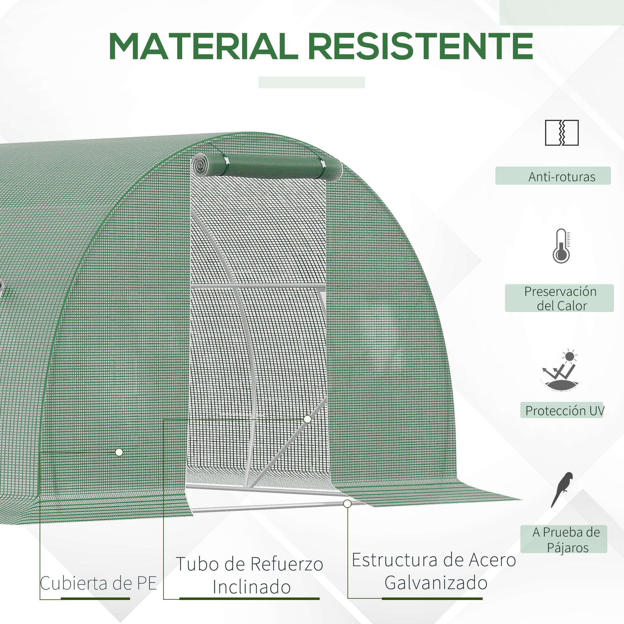 Invernadero verde con marco de acero: cubierta de PE, anti-roturas, preservación calor.