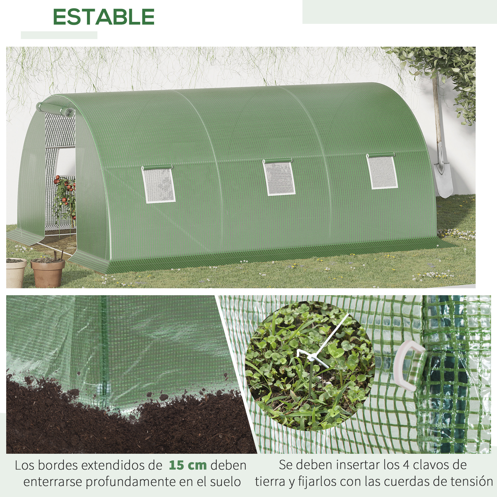 Invernadero verde con ventanas y entrada, al lado una pala.