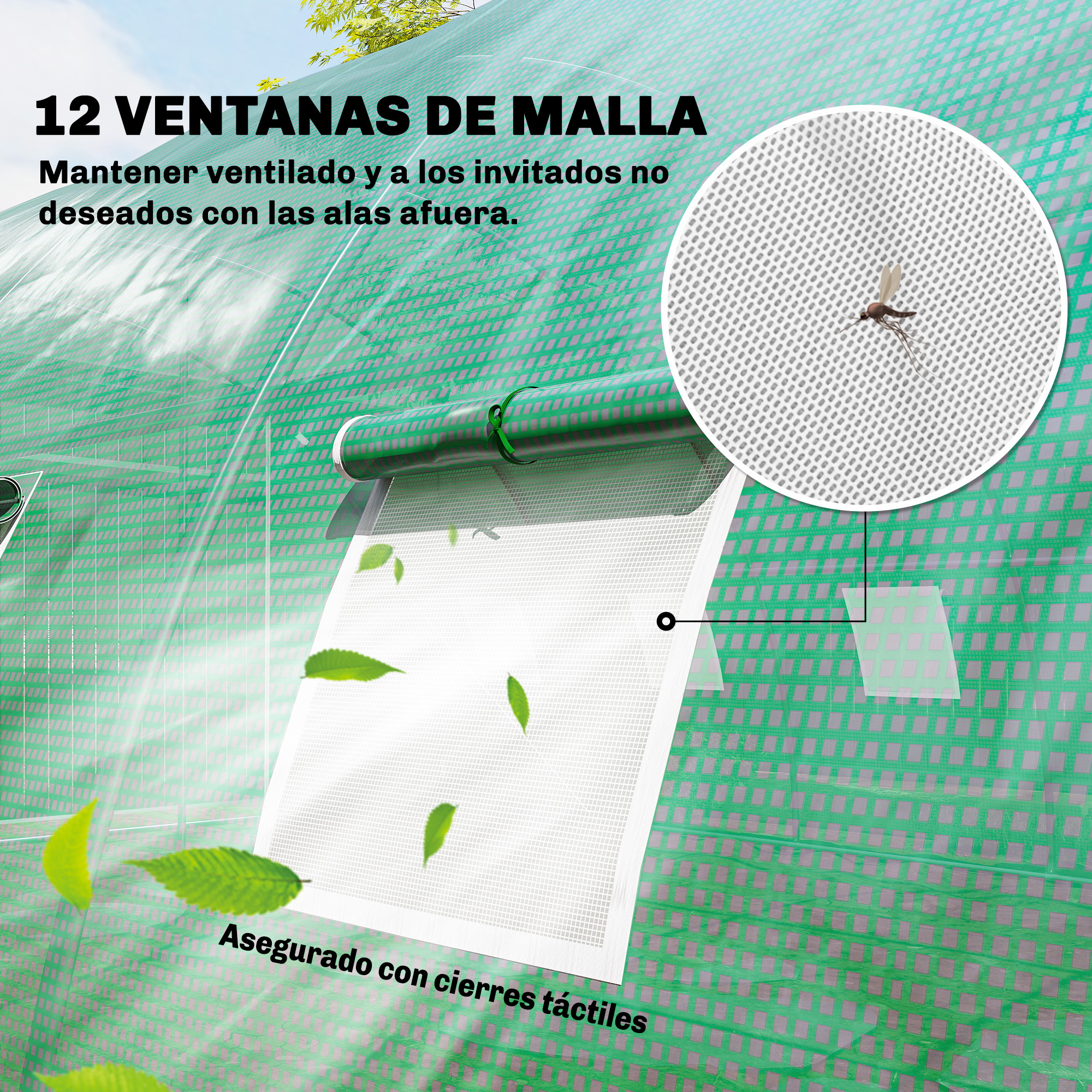 Invernadero verde con 12 ventanas de malla, hojas y un mosquito.