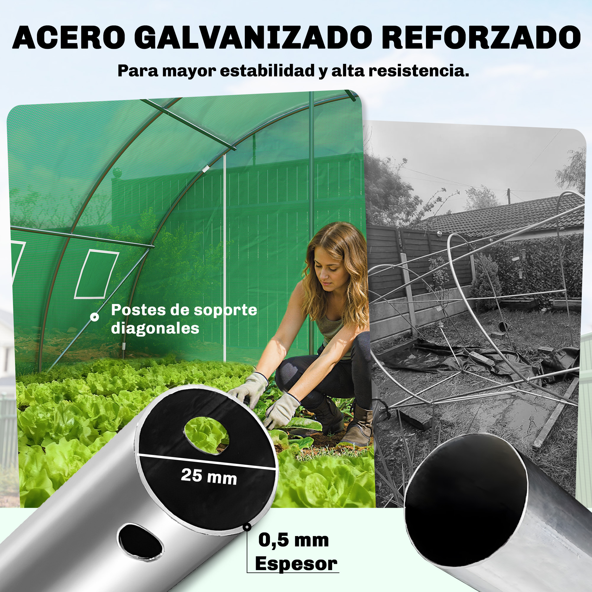 Primer plano de un tubo de acero; al lado, un invernadero con mujer y lechugas.