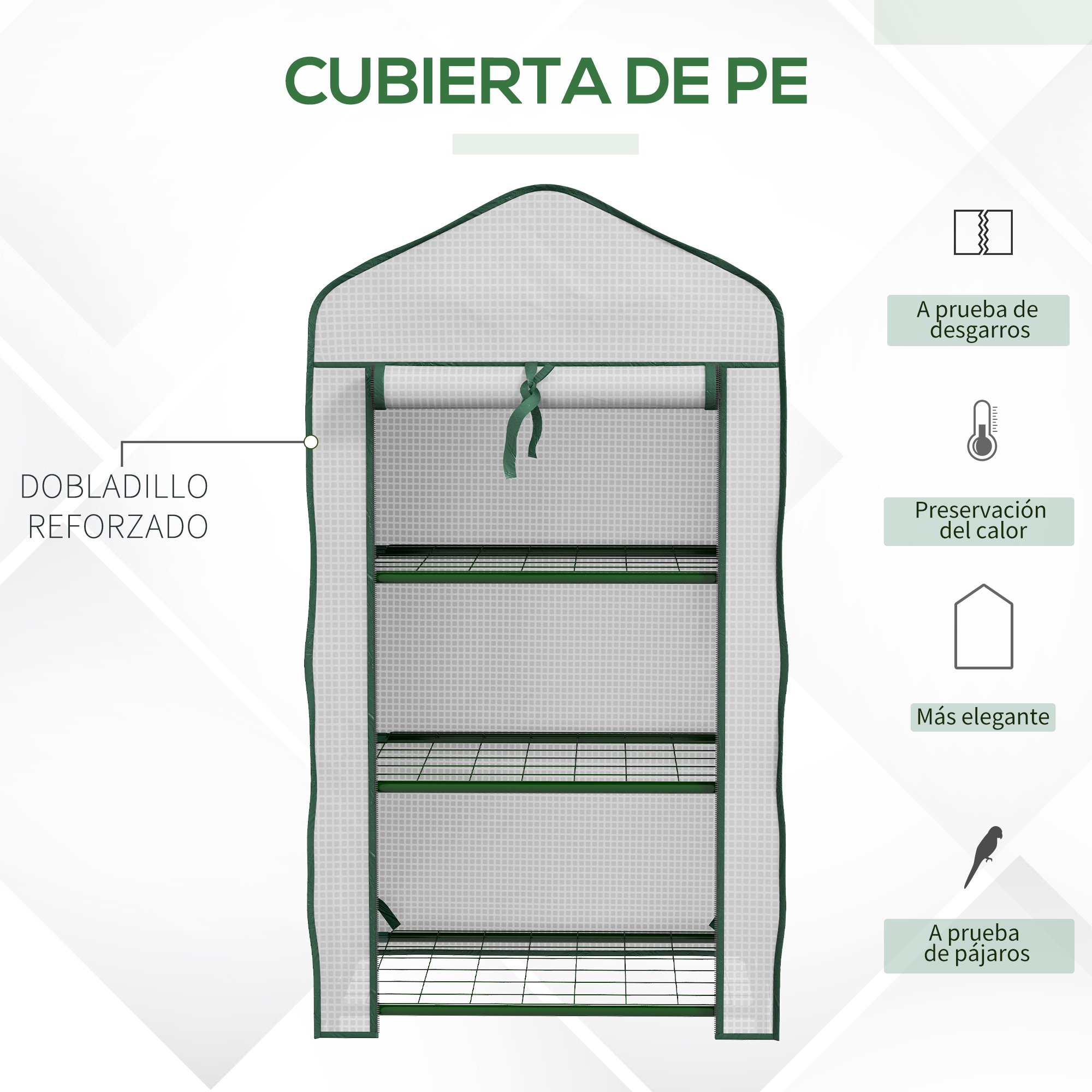 Invernadero verde con tres estantes, cubierta blanca y
cinta verde.