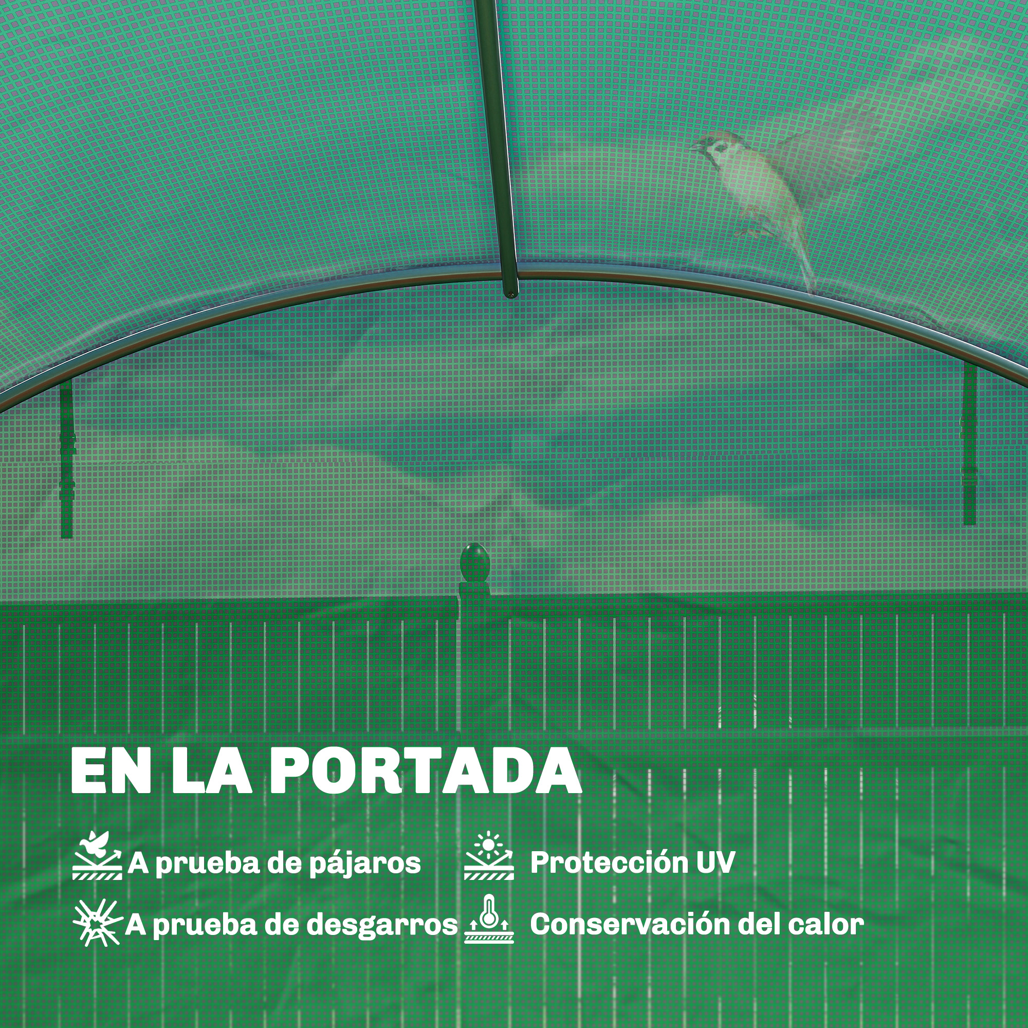 Un pájaro vuela a través de una red verde. Texto sobre protección de aves y UV.