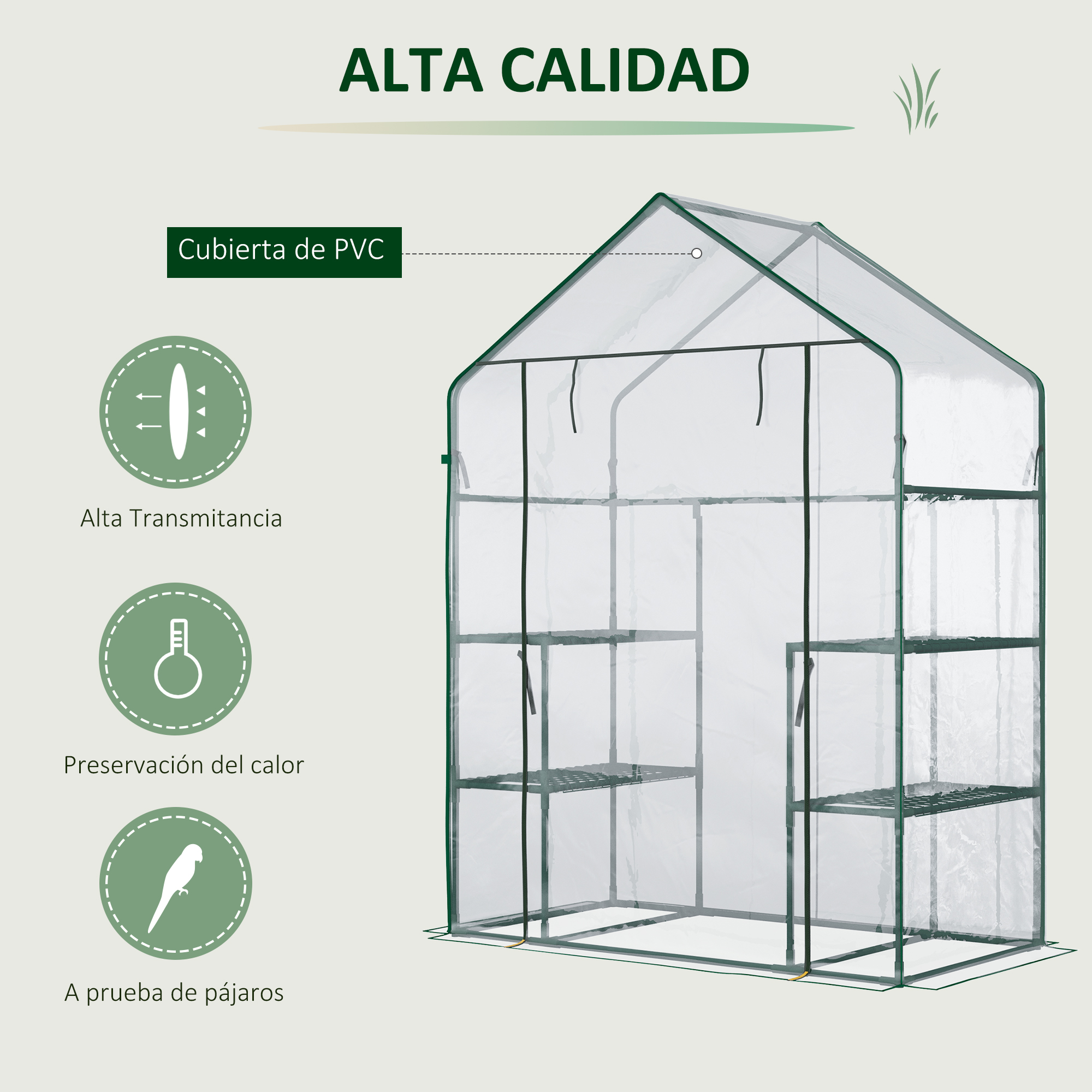 Estructura de invernadero de PVC transparente con estantes, ideal para plantas.