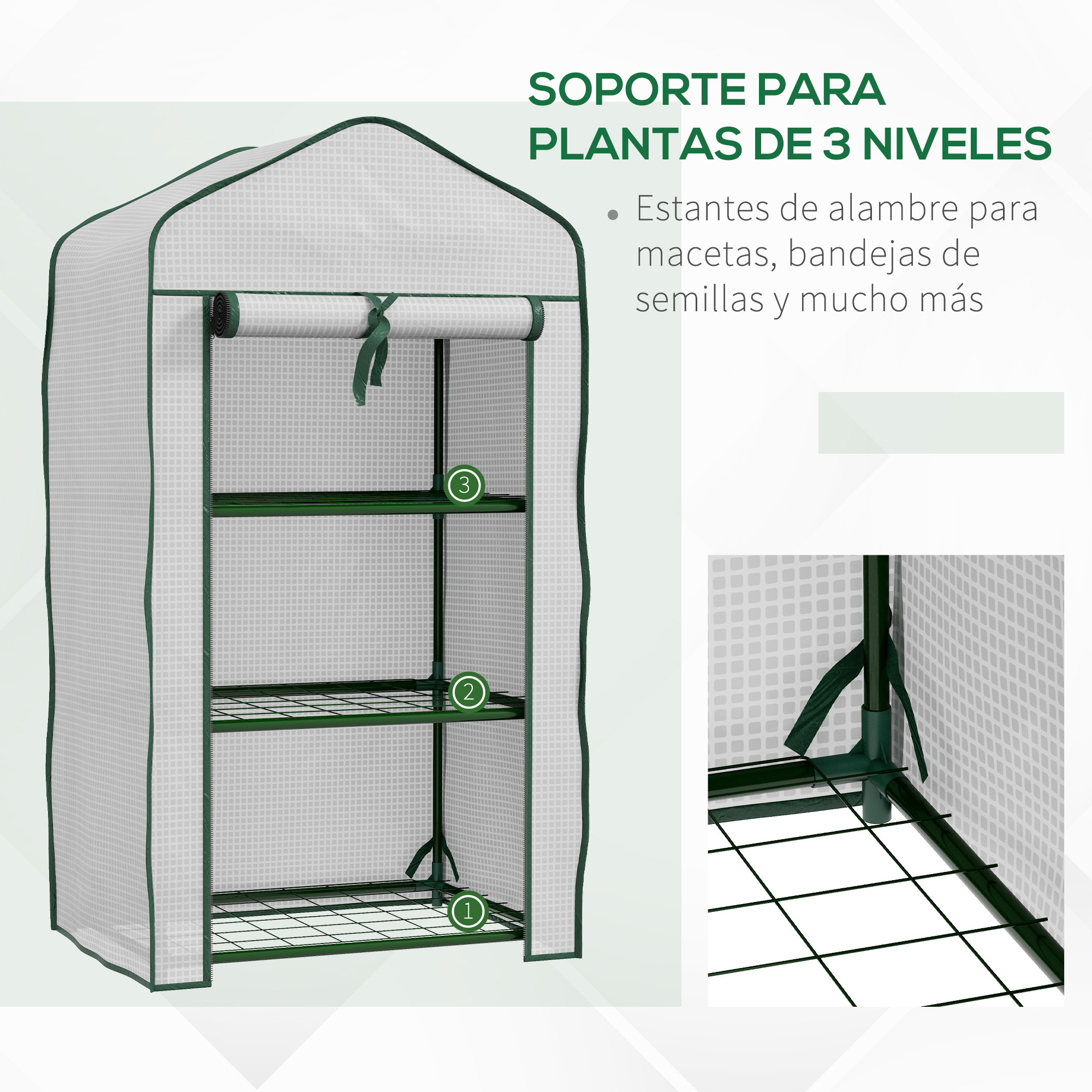 Un soporte de invernadero de 3 niveles con cubierta blanca y marco verde.