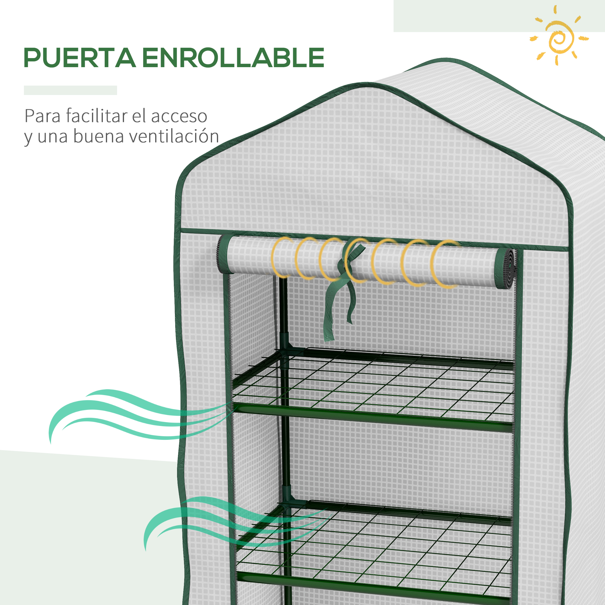 Un invernadero con varios estantes y puerta enrollable. Ribete verde.