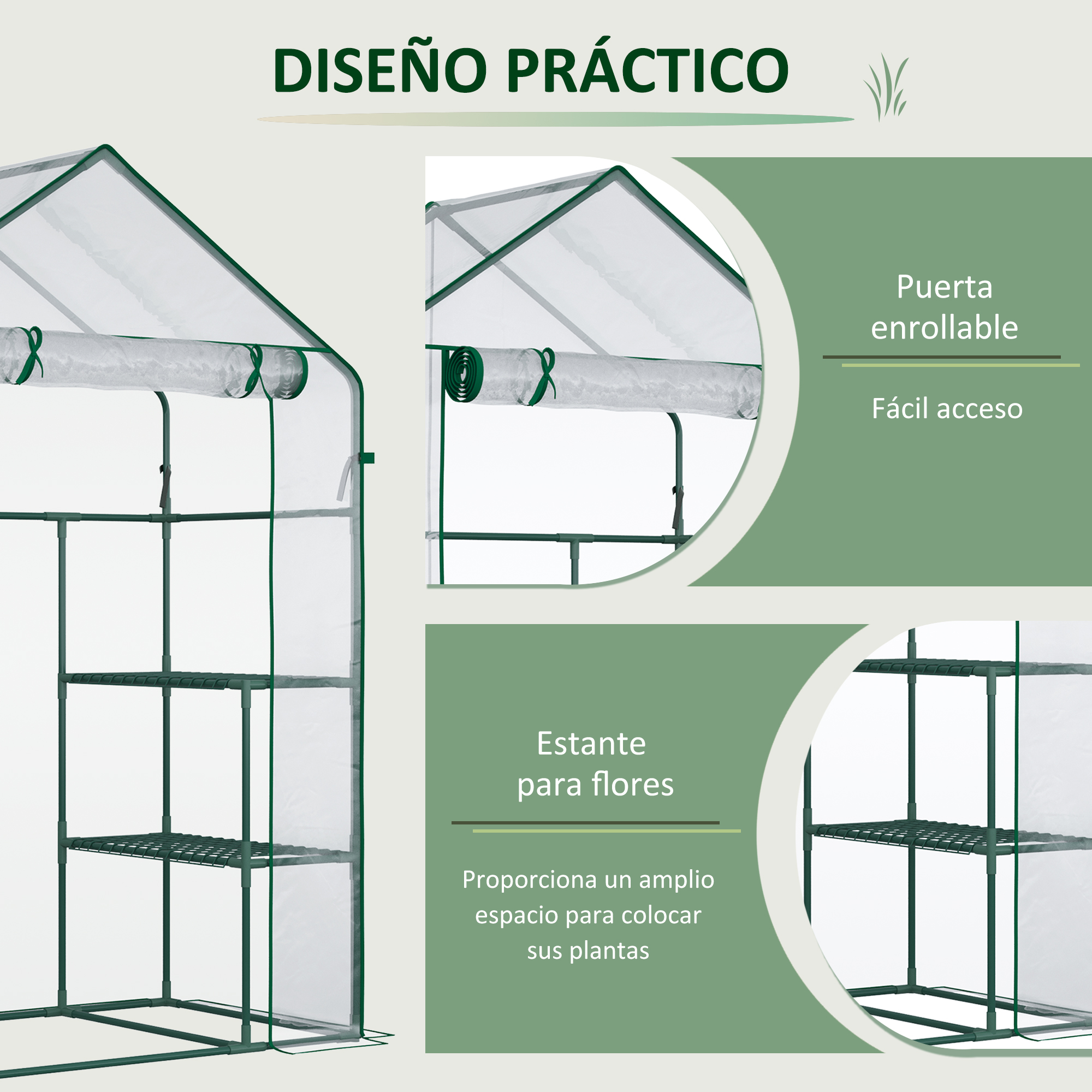 Un invernadero verde con estantes y puerta enrollable.