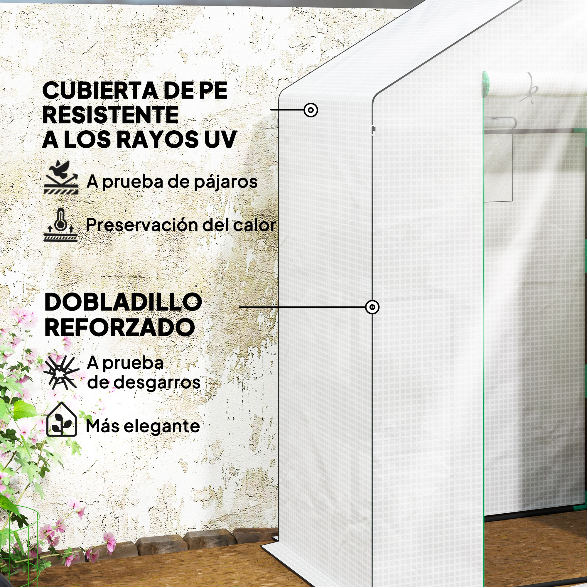 Un invernadero blanco con cubierta de PE, resistente a UV, a prueba de pájaros.