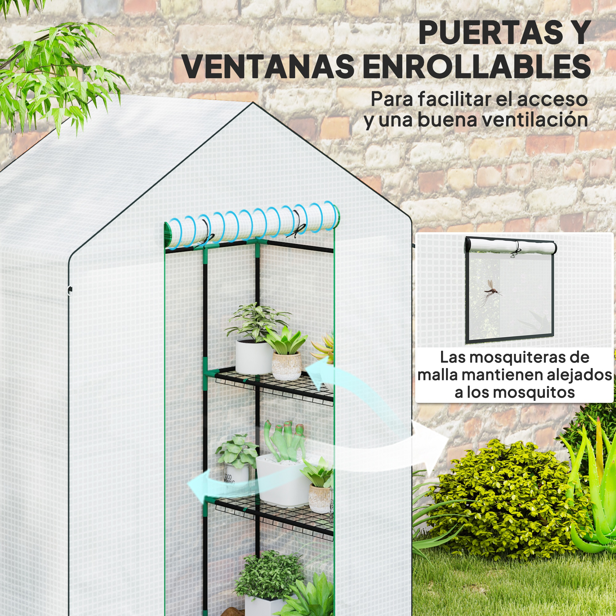 Invernadero con puertas enrollables y estantes para plantas.