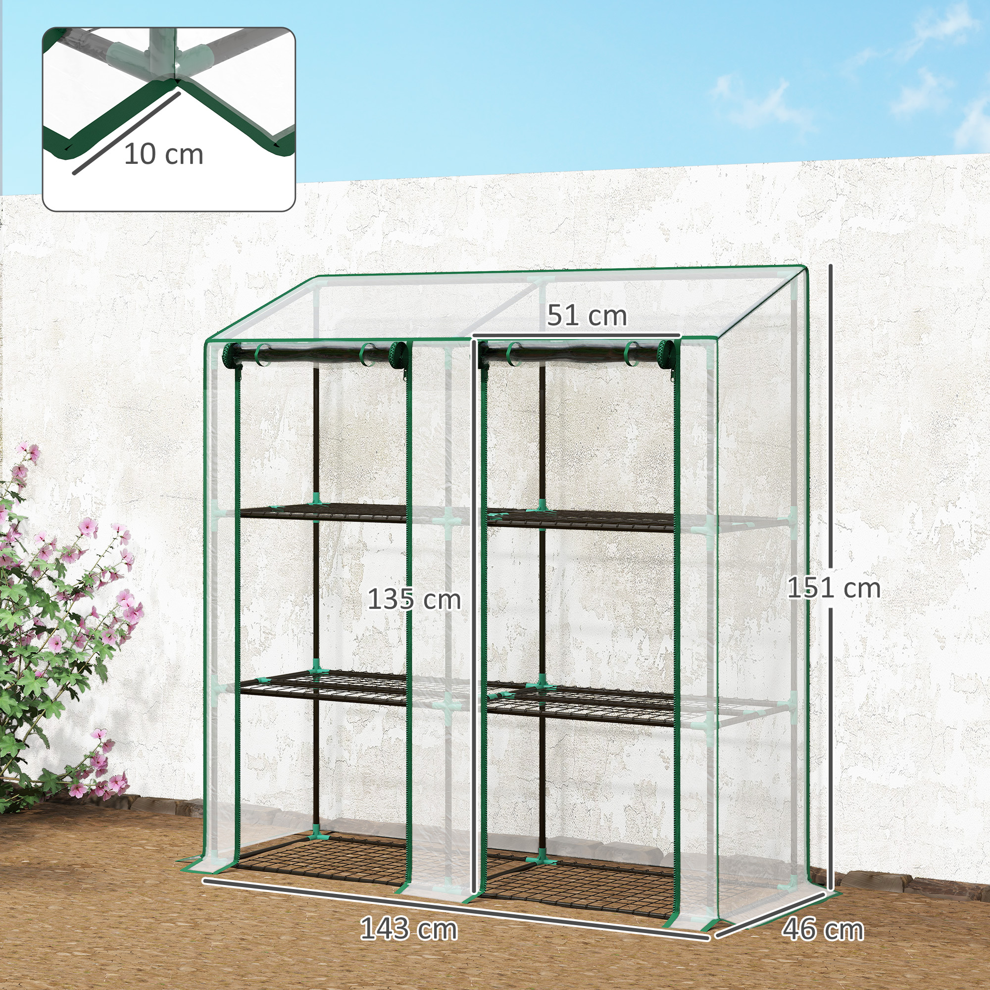 Dos estantes transparentes para invernadero con marco verde oscuro y cuatro niveles.