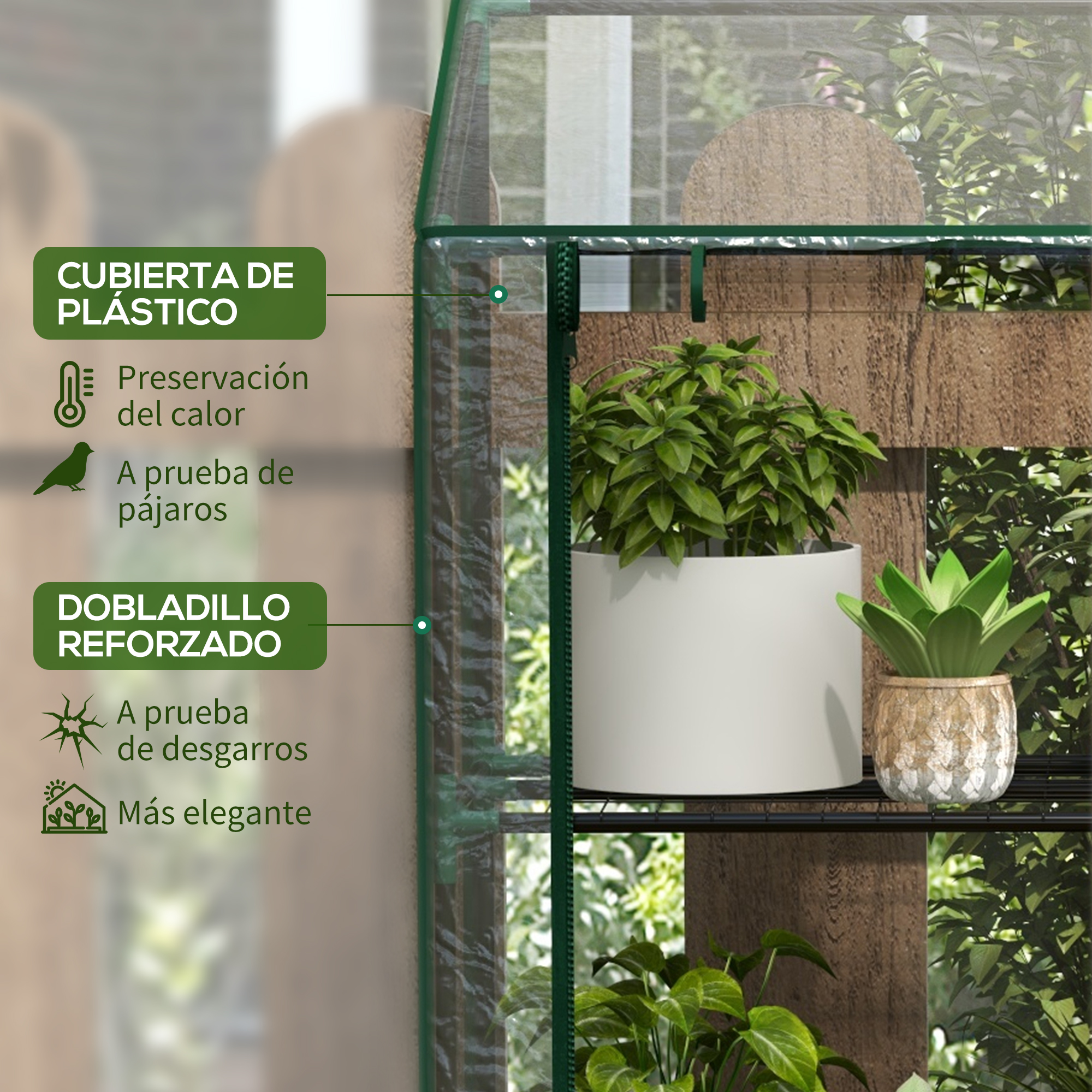Invernadero con plantas, características etiquetadas y detalles de madera.