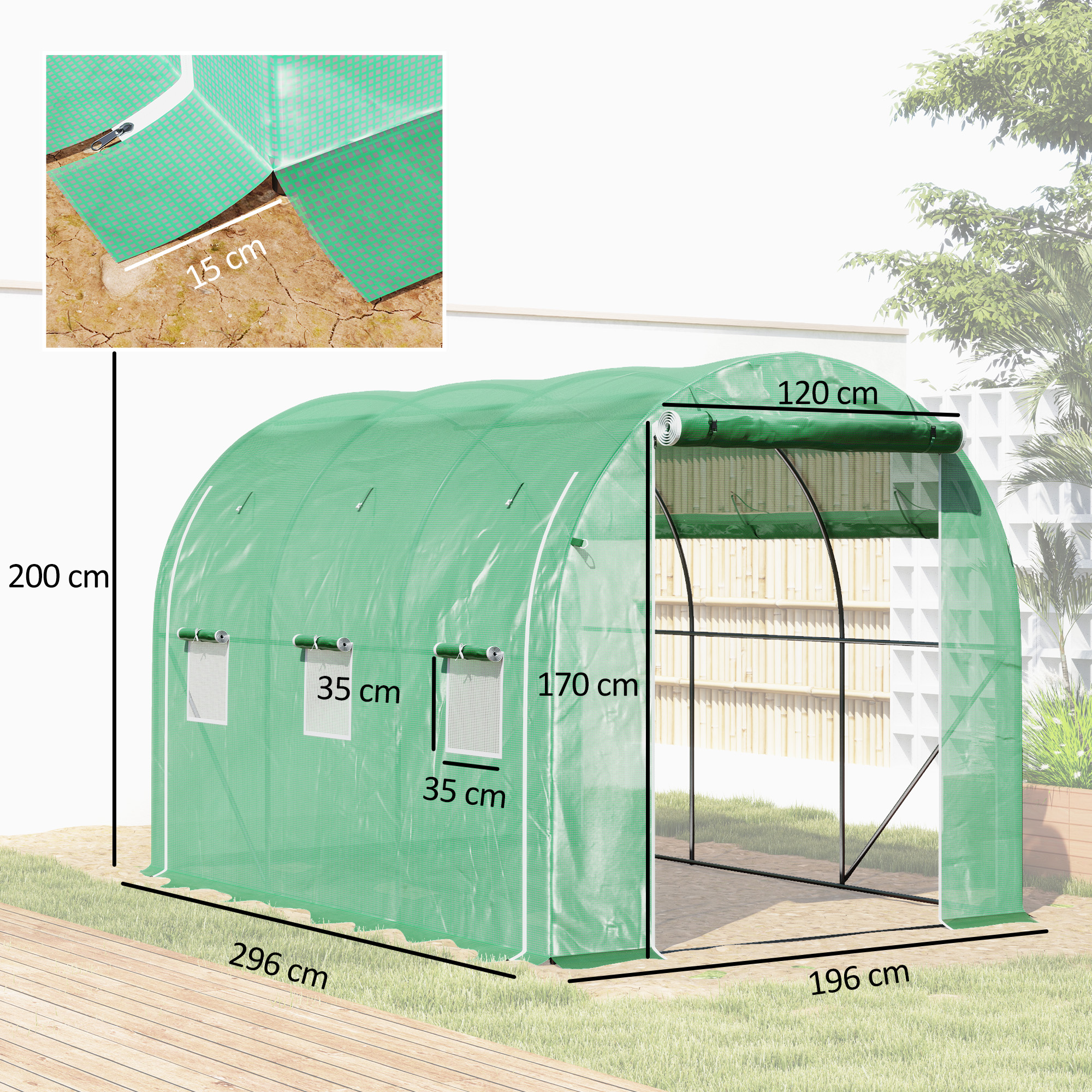 Invernadero verde con dimensiones, ventanas y puerta enrollable al aire libre.