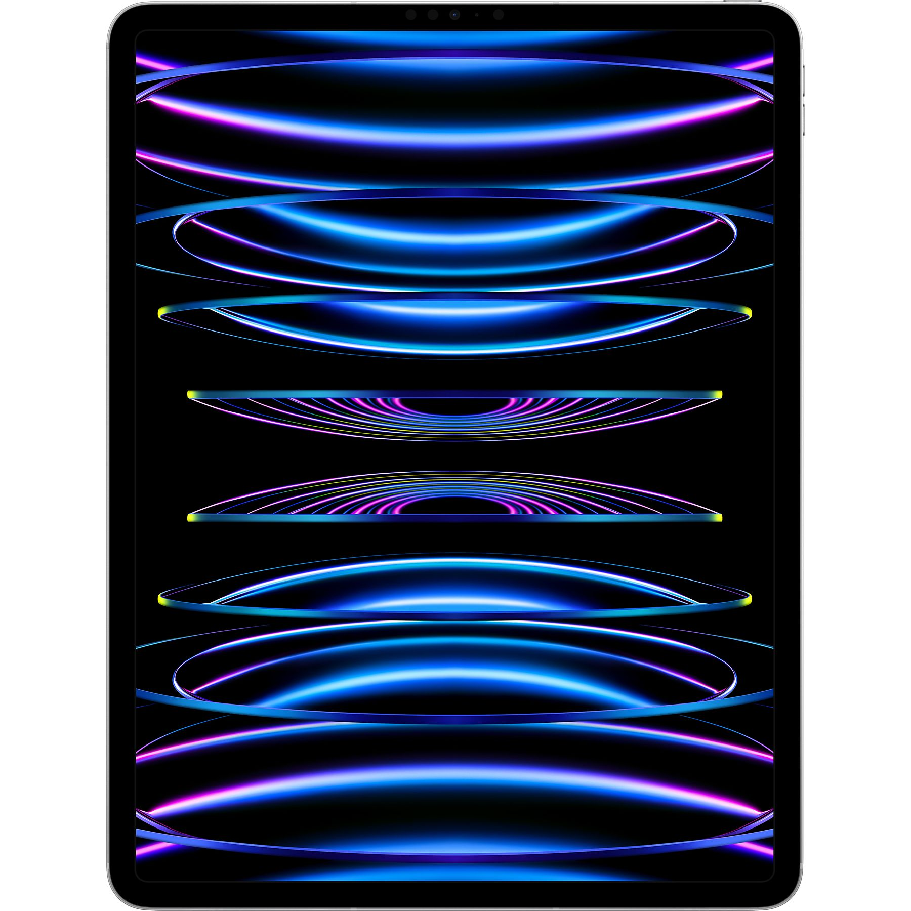 Mavi ve mor neon şeritli tablet, koyu arka planı gösteriyor.
