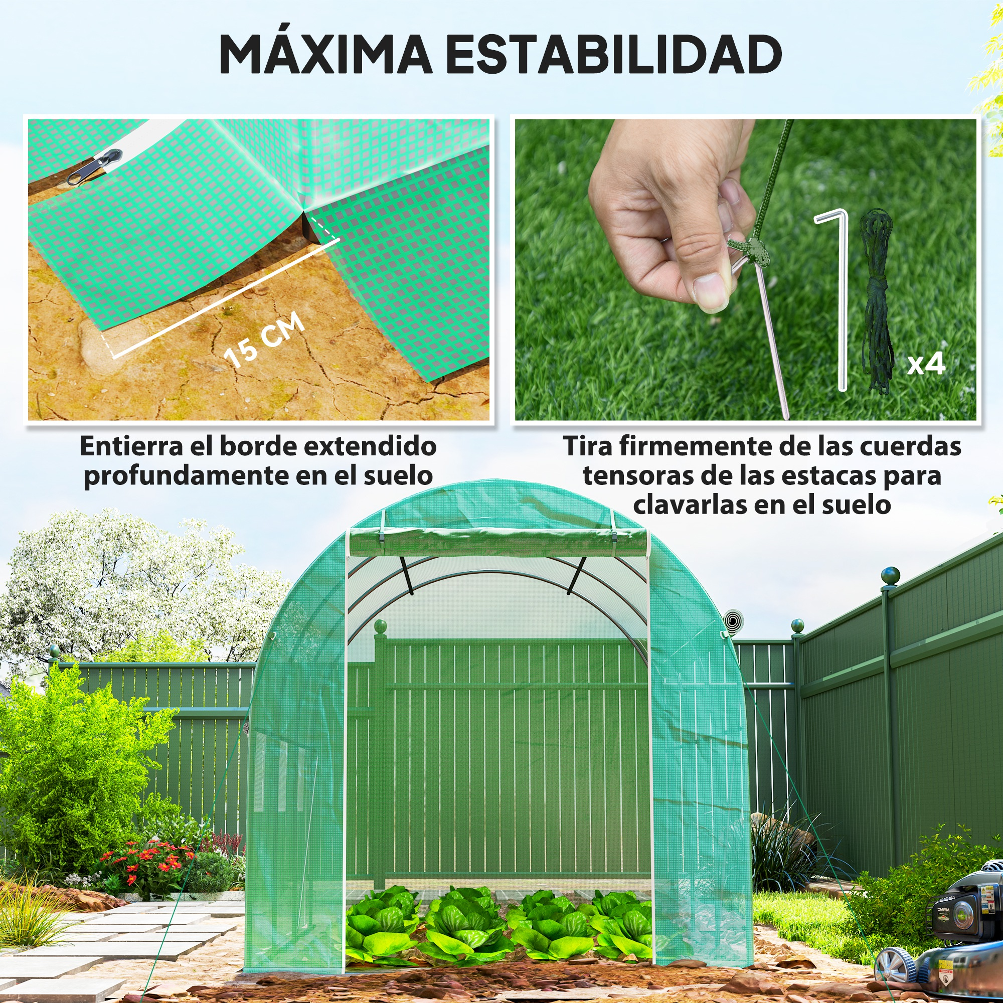 Un invernadero verde con lechugas afuera. Instrucciones para estabilidad.