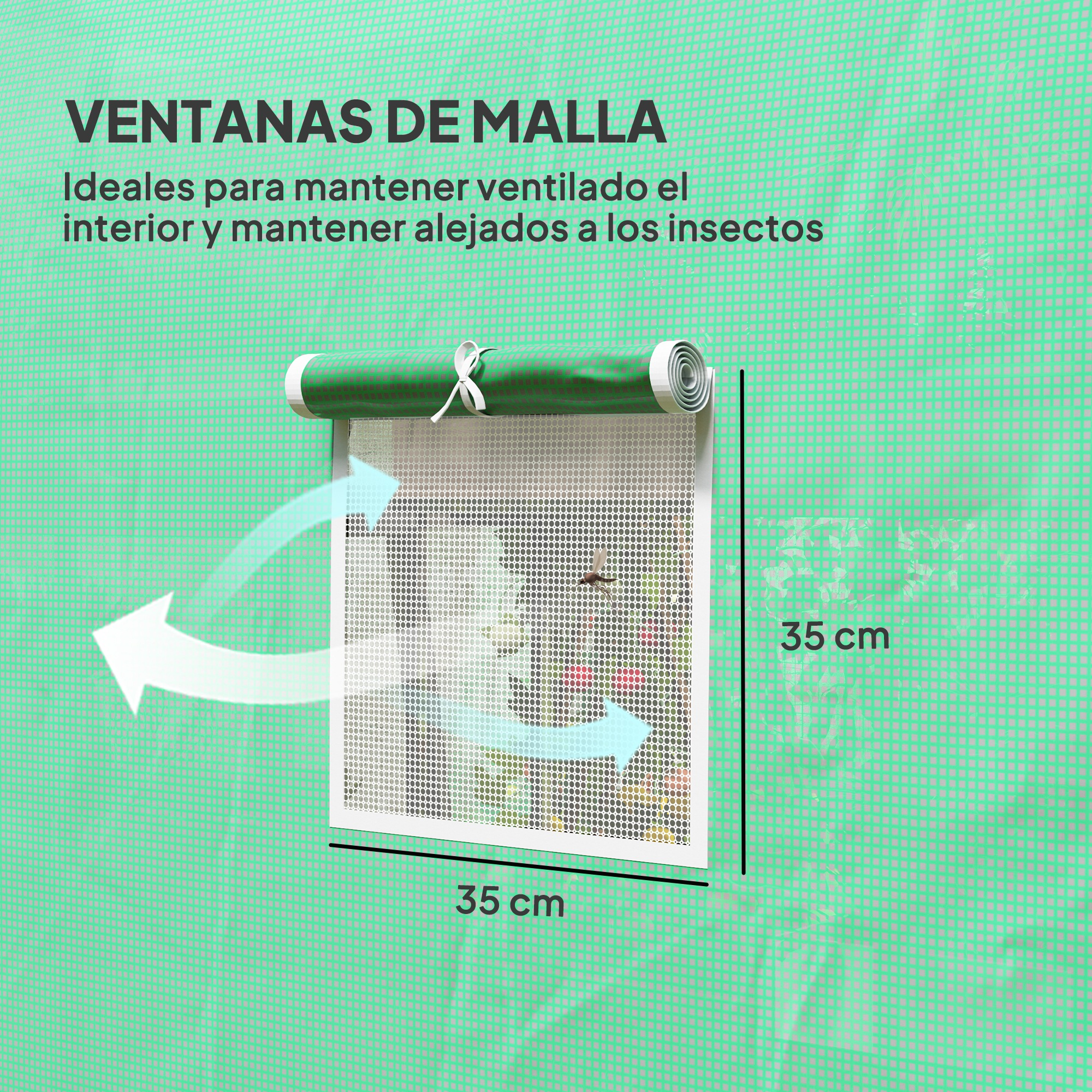 Ventana de malla verde con cubierta enrollada y flechas blancas indicando flujo de aire.
