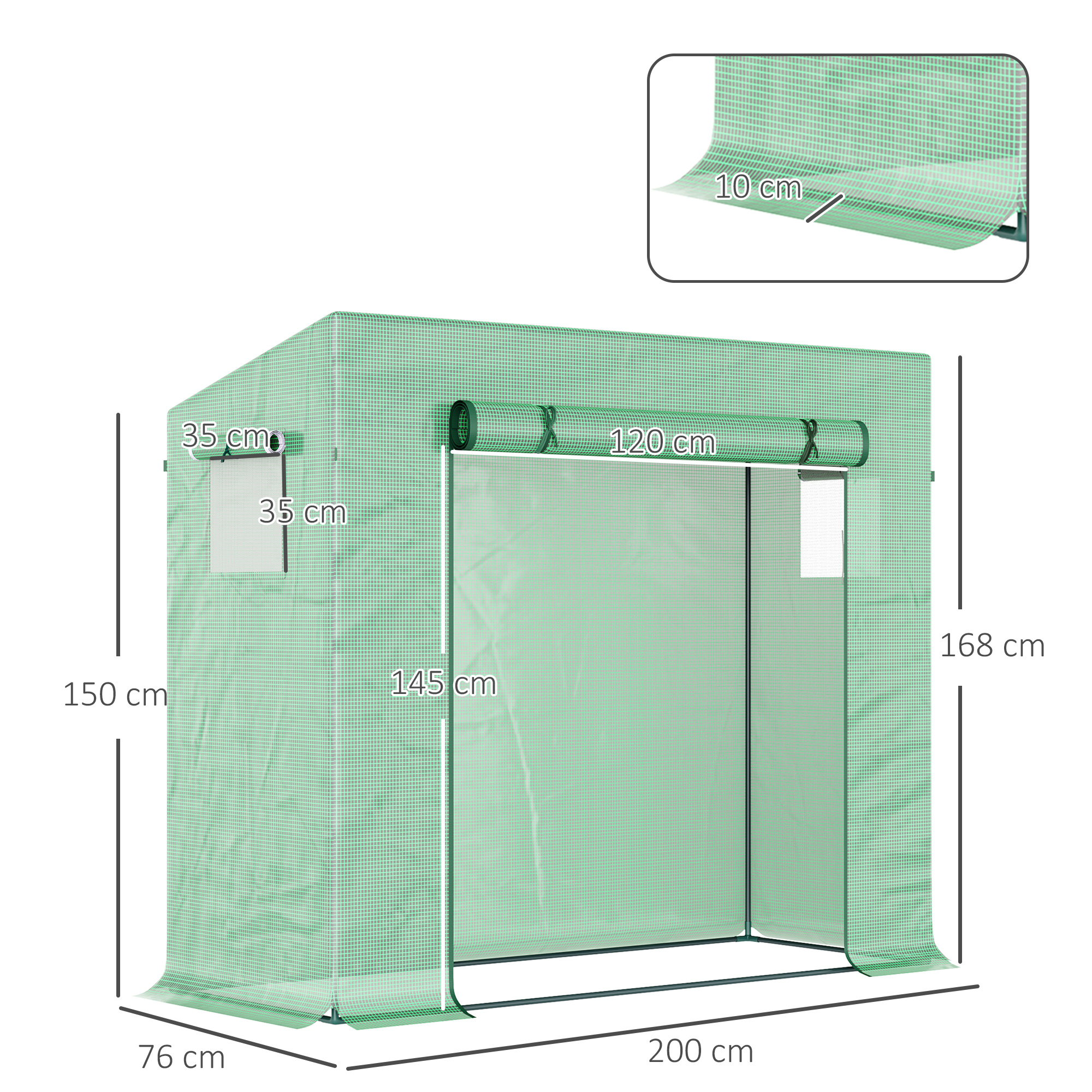 Un invernadero verde con dimensiones y ventanas.
