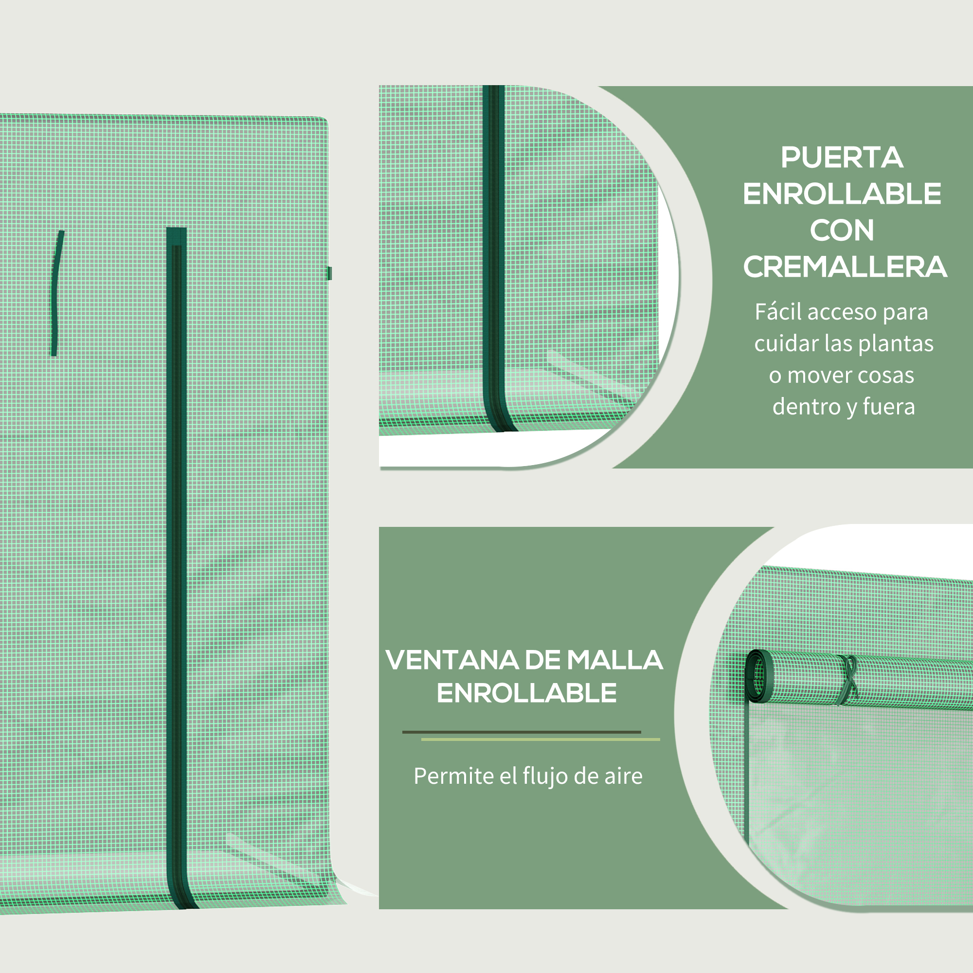 Invernadero verde con puerta enrollable y ventana. Fácil acceso.