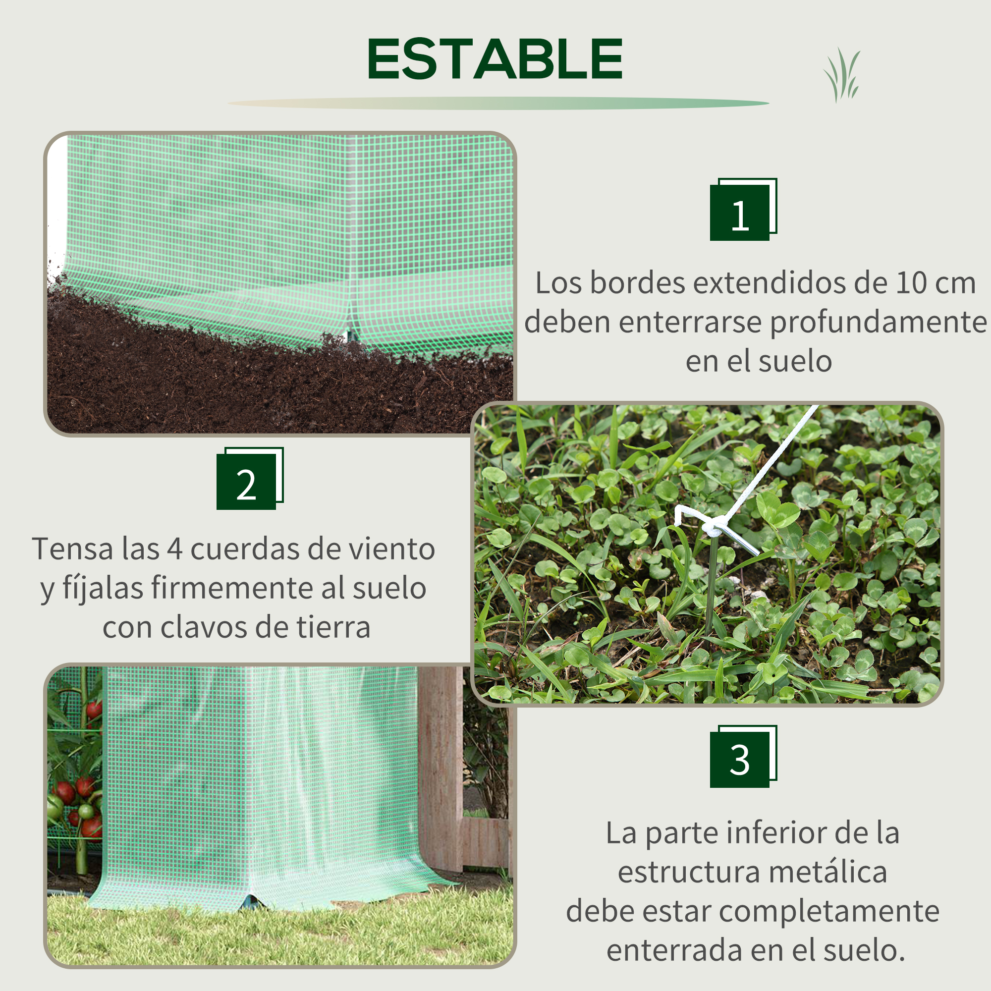 Instrucciones para asegurar un invernadero con estacas y cuerdas.