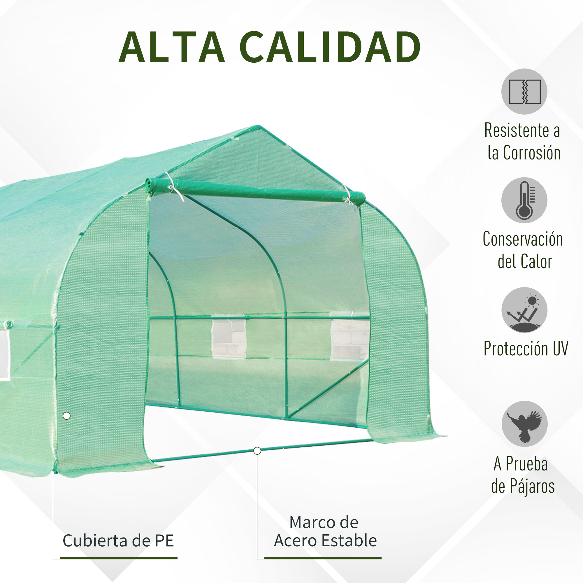 Invernadero verde con marco de acero y cubierta de PE, resistente.