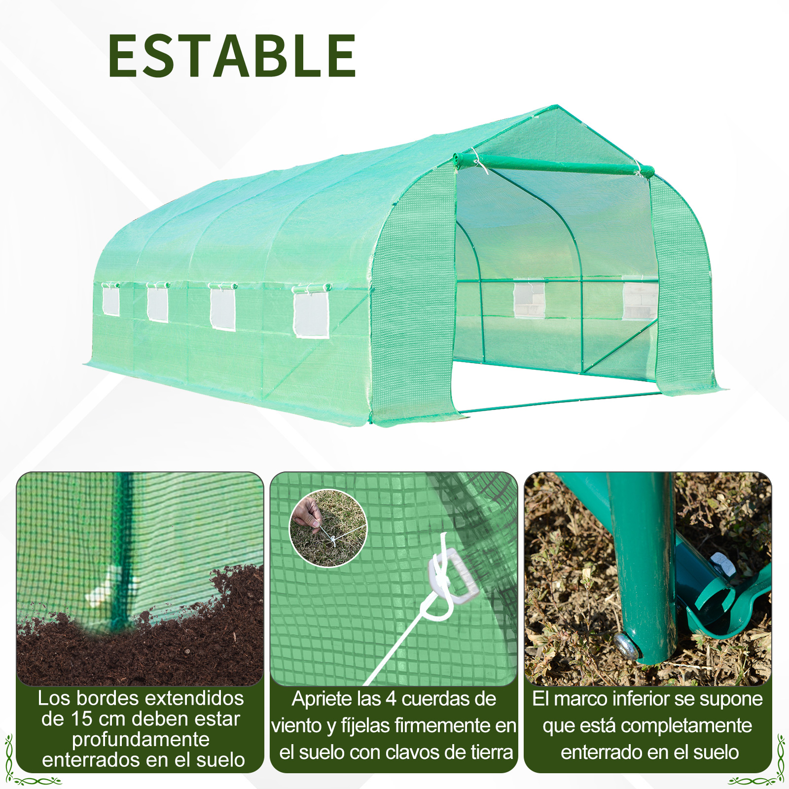 Invernadero verde con ventanas, bordes enterrados y detalles de fijación. Diseño estable.