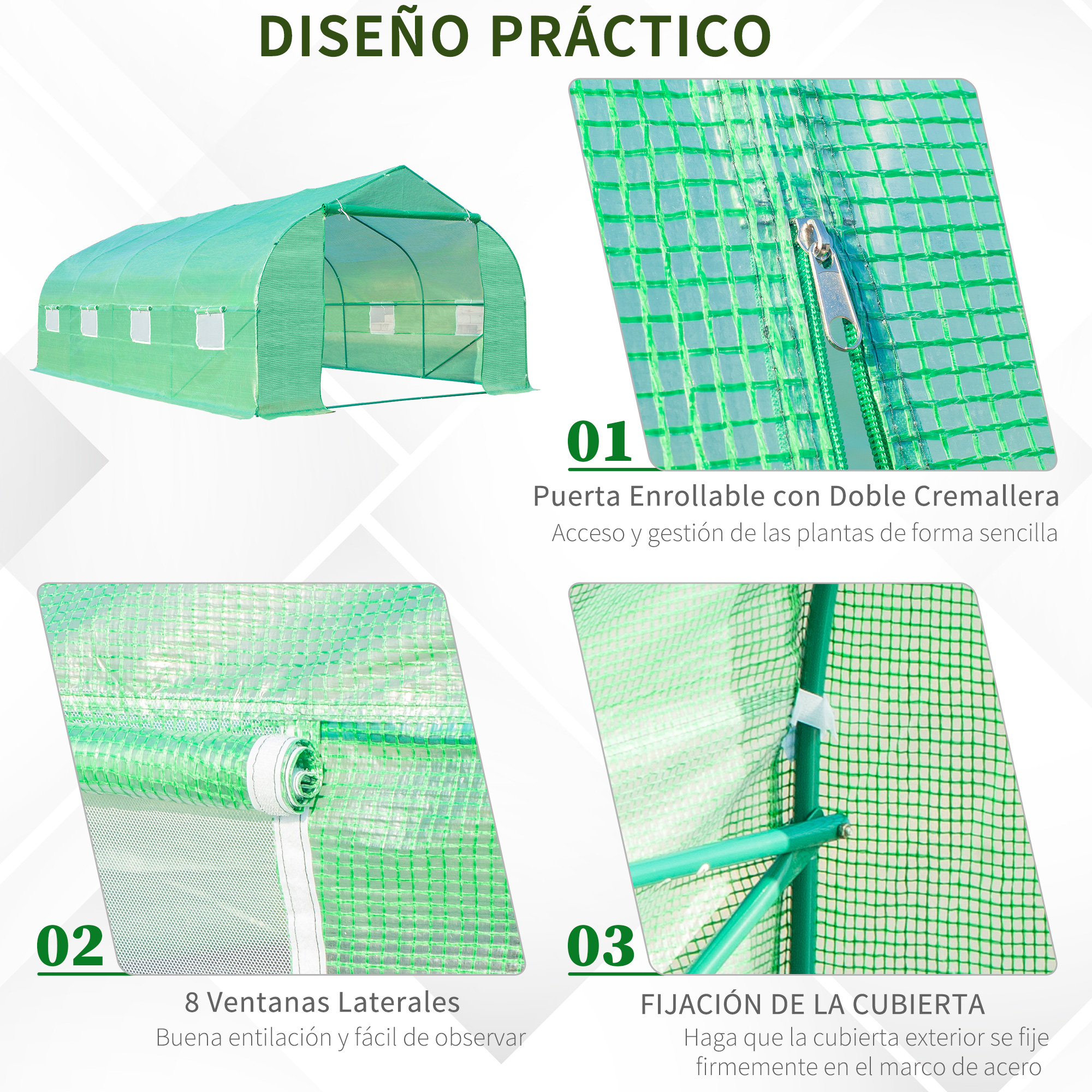 Invernadero verde con puerta enrollable, ventanas y marco metálico.