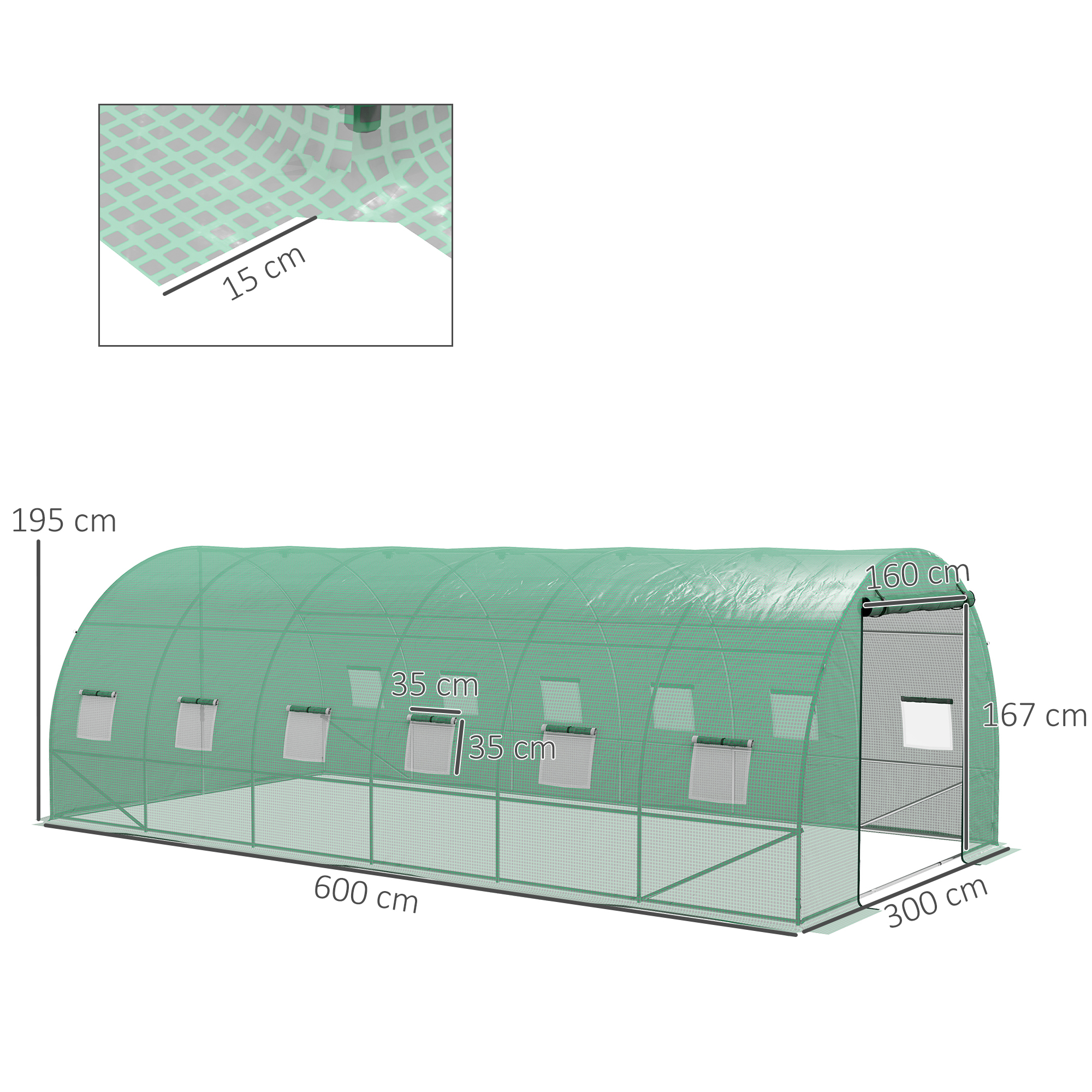 Invernadero verde con dimensiones y ventanas. 600x300x195 cm.