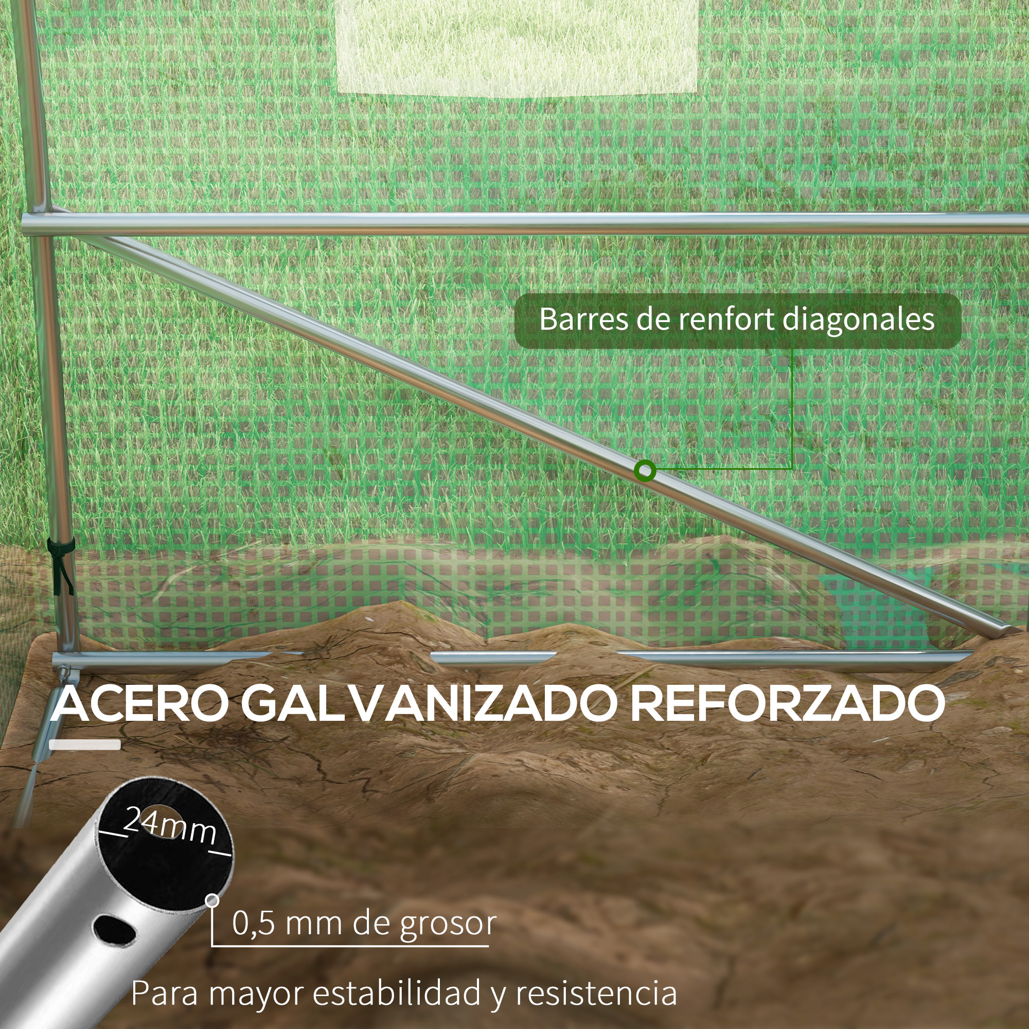 Tubos de acero galvanizado reforzado, 24mm diámetro, 0,5mm grosor.