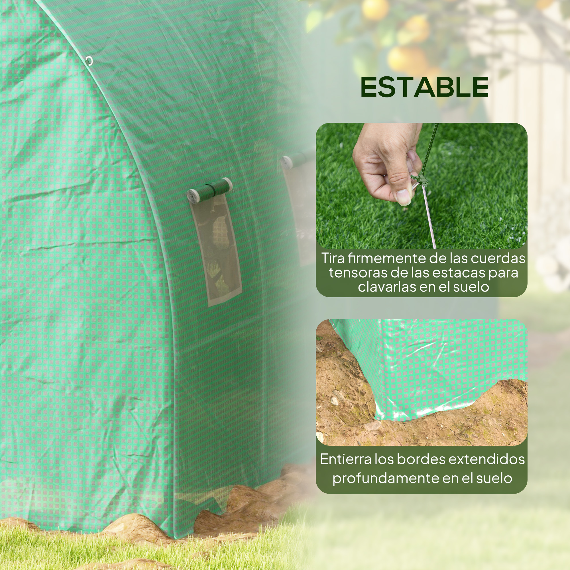 Invernadero verde con estaca y instrucciones de anclaje.