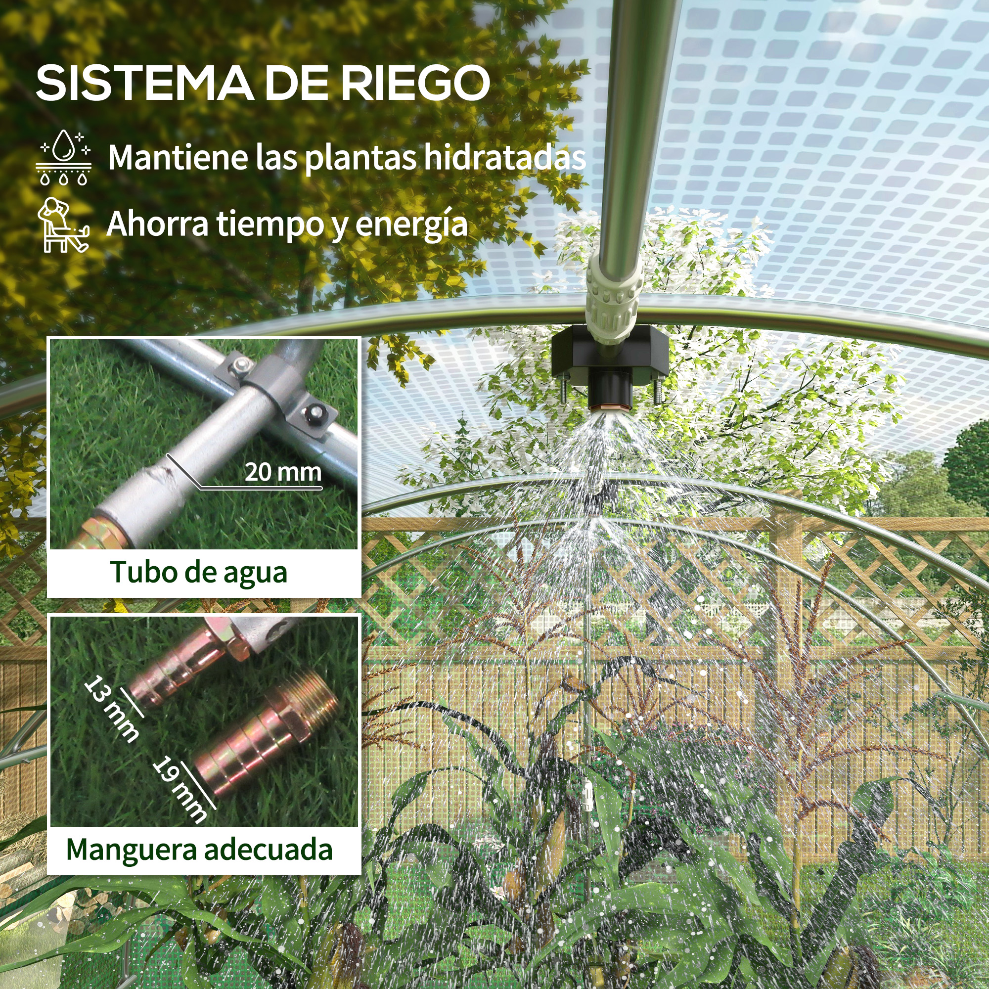 Sistema de riego con aspersor rociando plantas. Se muestran primeros planos de tuberías y mangueras.