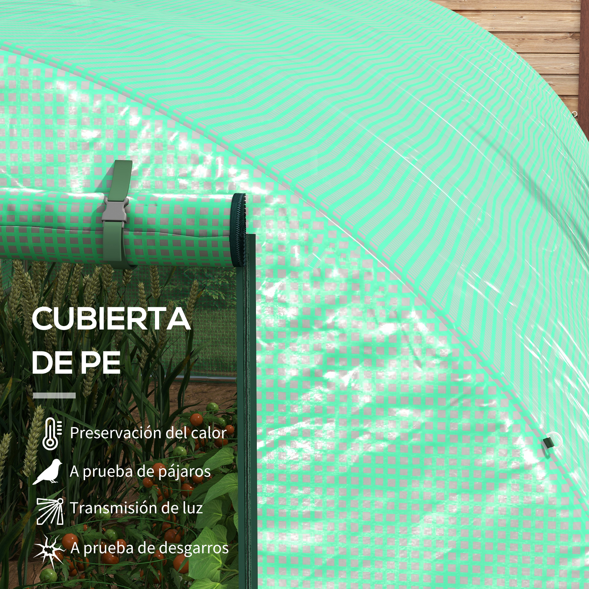 Cubierta verde de PE con patrón de cuadros, plantas y tomates dentro.