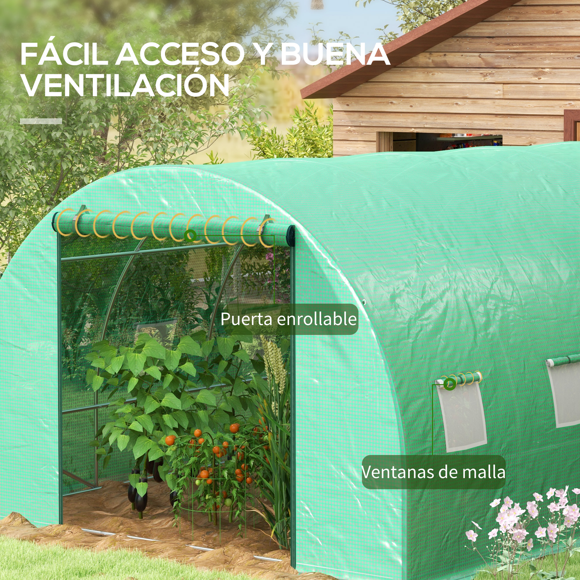 Invernadero verde con puerta enrollable y ventanas, plantas dentro.