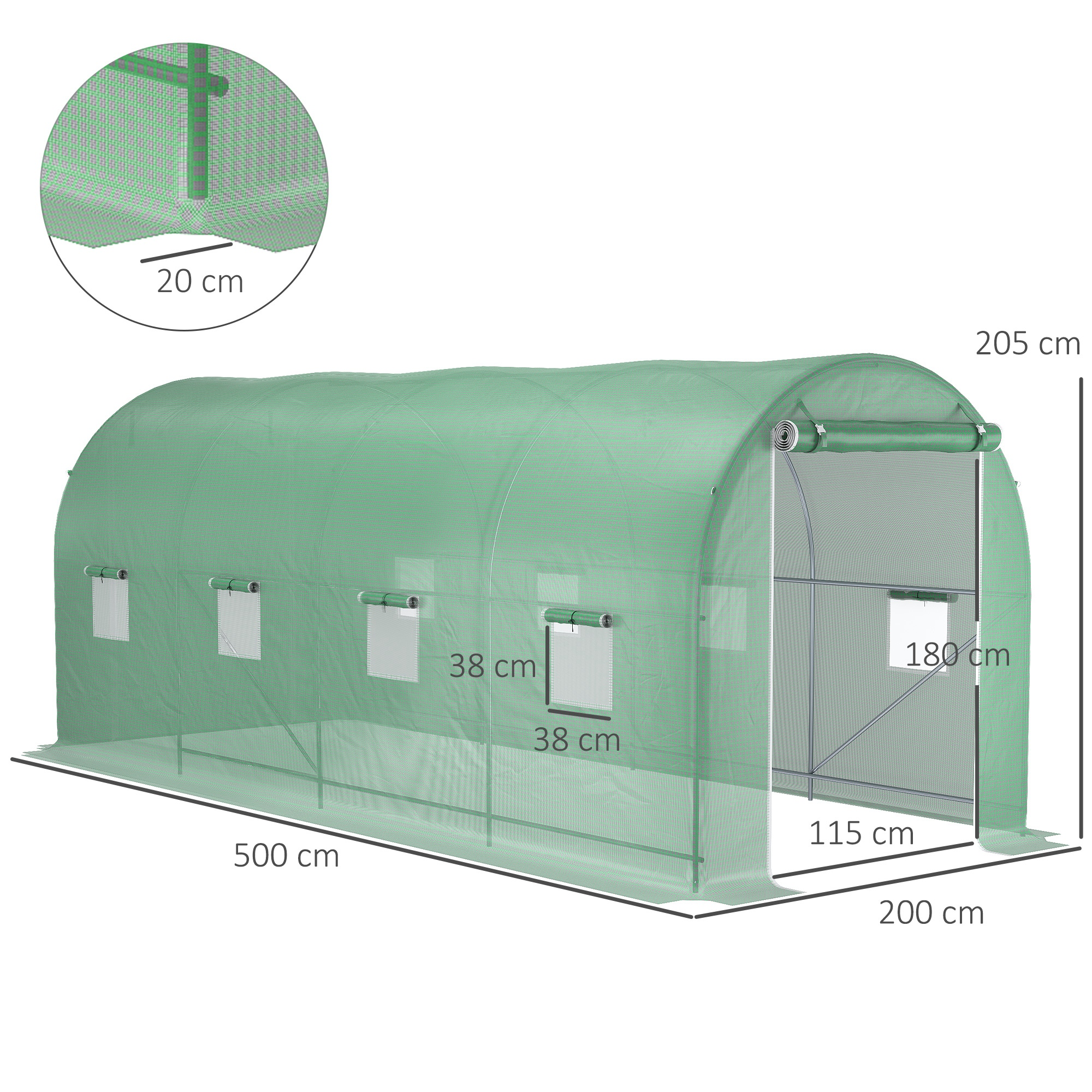 Invernadero verde de 500x200x205cm, puerta enrollable y ventanas.